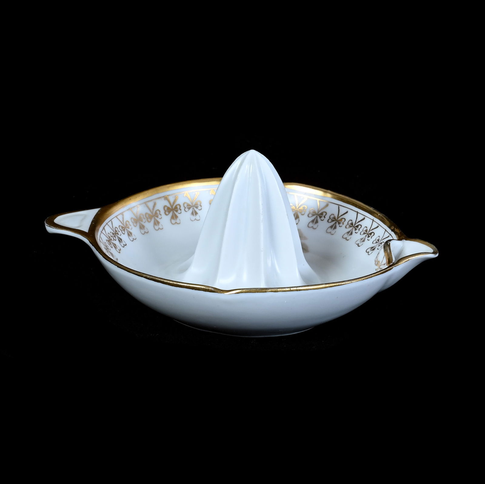 Juicer, Marked Germany: Juicer, Marked Germany, 2.25 x 5.5 x 4.25 Inches, White Satin Finish With Pink Rose Decor, Gold Stencil Highlights, 0.3 Pounds, Grady And Annette Hite Collection.