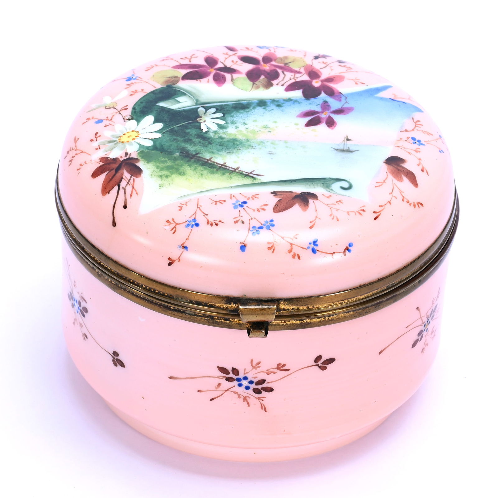 Jewel Box, White Opal Art Glass: Jewel Box, White Opal Art Glass, 3.5 x 4.75 x 4.75 Inches, Pink With Enamel Scenic And Floral Decor, 1 Pound, Grady And Annette Hite Collection.