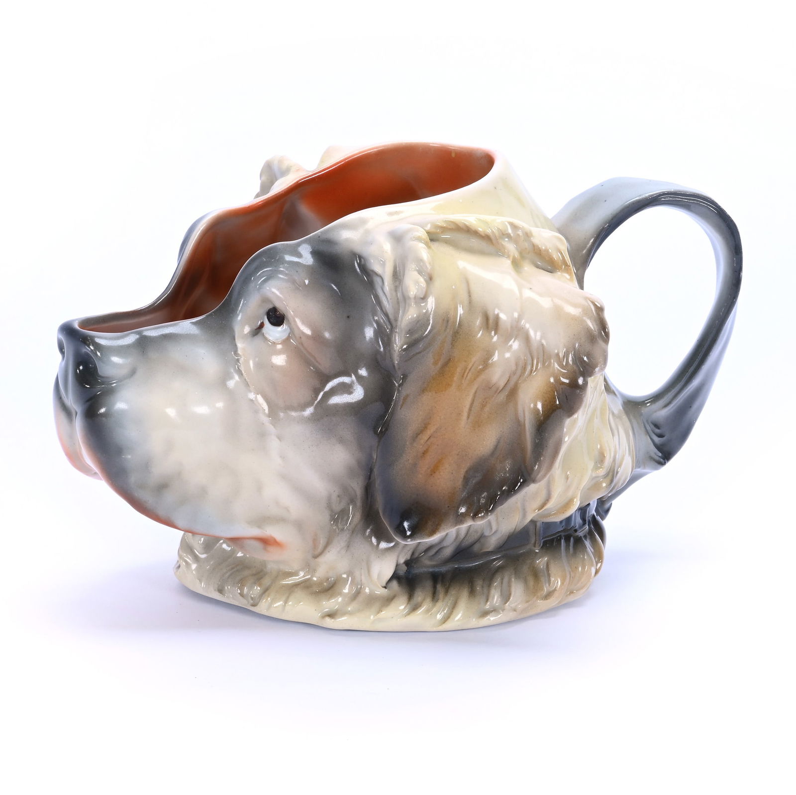 Water Pitcher, Unmarked Royal Bayreuth: Water Pitcher, Unmarked Royal Bayreuth, 5.25 x 8.75 x 7.5 Inches, Saint Bernard, Nice Example, 1.8 Pounds, Grady And Annette Hite Collection.