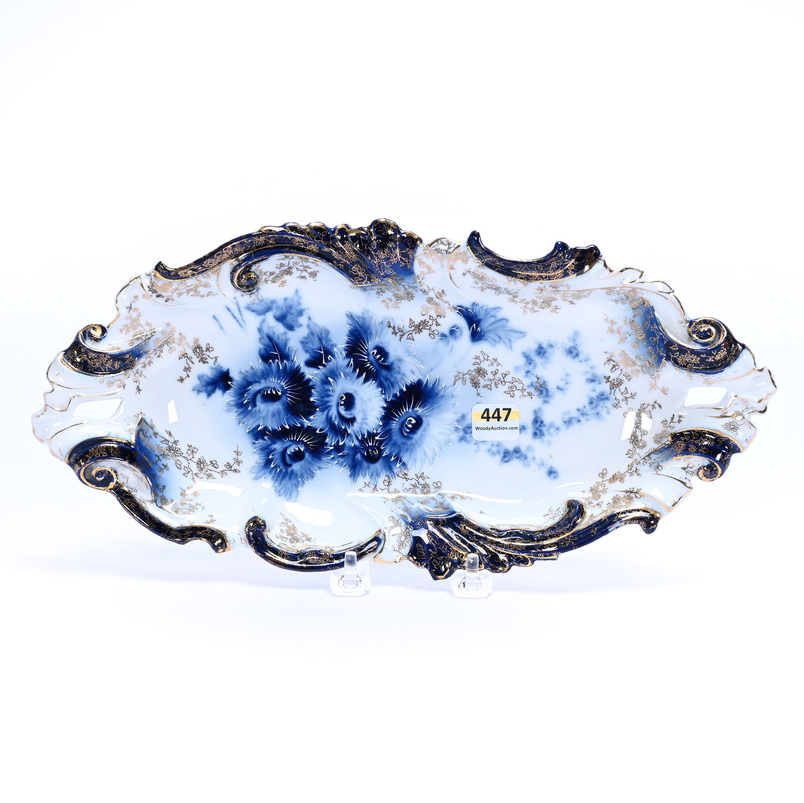 Celery Tray, Unmarked R.S. Prussia: Celery Tray, Unmarked R.S. Prussia, 13.75 x 6.75 x 1.5 Inches, Cobalt Blue And White With Floral Decor And Gold Stencil Highlights, 0.9 Pounds, Grady And Annette Hite Collection.