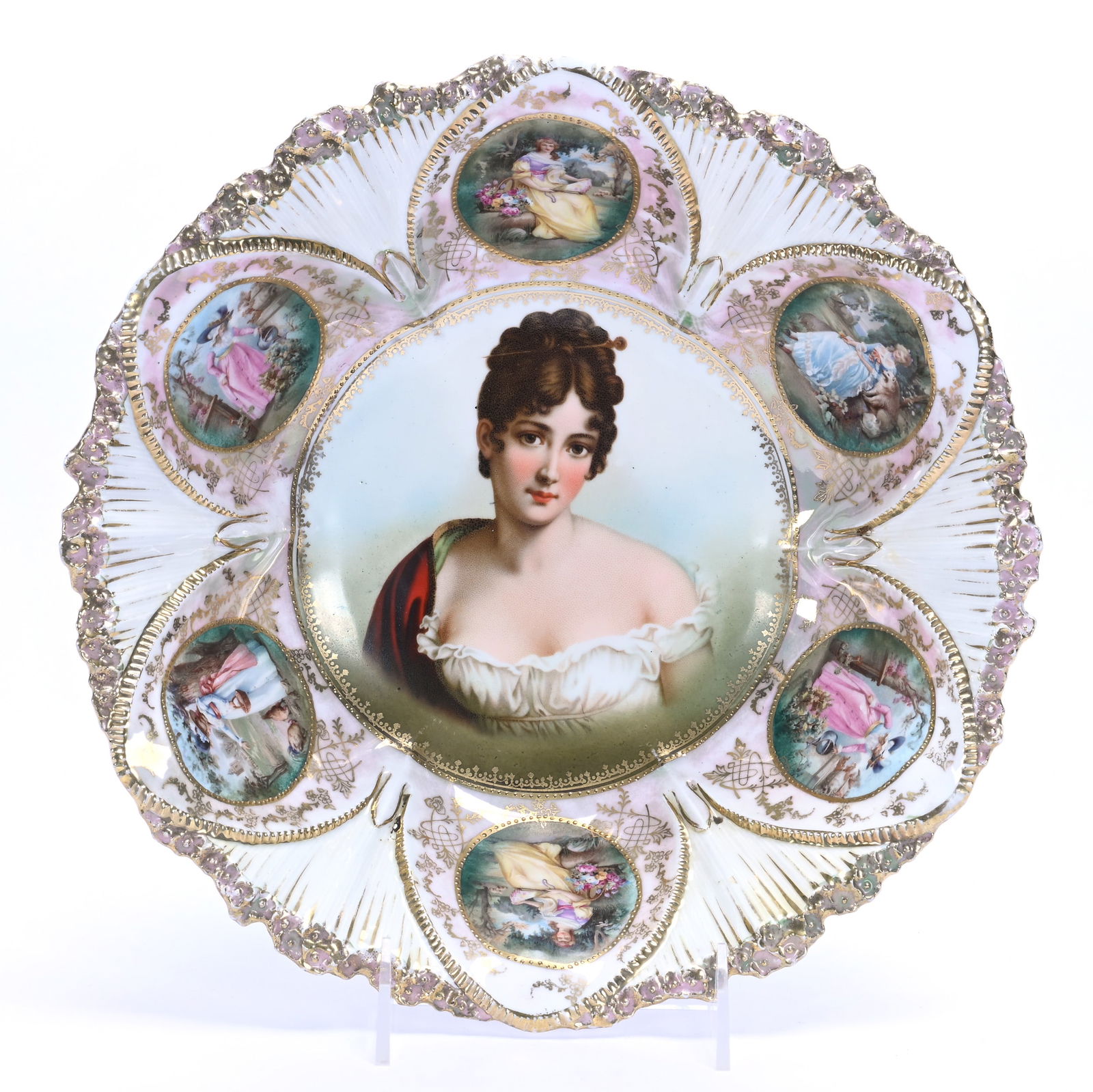 Bowl, Marked R.S. Prussia: Bowl, Marked R.S. Prussia, 10.75 x 10.75 x 3 Inches, Recamier Portrait With Six Medallion Border Scenes, Featuring Woman Seated With Dog, Woman Seated With Fan, Woman With Watering Can, And Woman