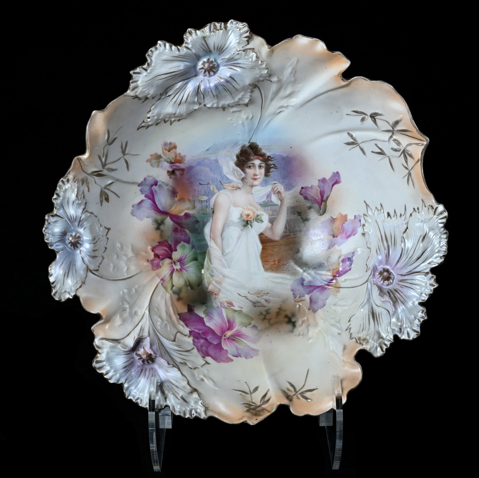 Bowl, Marked R.S. Prussia, Carnation Mold: Bowl, Marked R.S. Prussia, Carnation Mold, 11 x 11 x 3.25 Inches, Fall Season Portrait Decor, Peach, Cream, And Lavender Satin Finish, Very Nice Example, 1.4 Pounds, Grady And Annette Hite Collection.