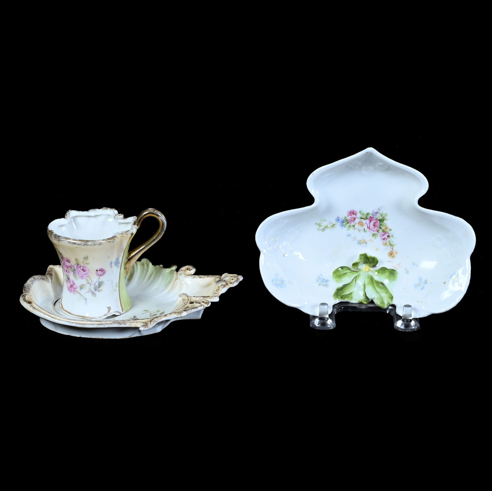 (2) Unmarked Prussia Items: (2) Unmarked Prussia Items, (1) 2.5" x 5.5" x 4" Cup And Saucer, (1) 5.25" x 4" x 1.25" Floral Mold Dish, 0.4 Pounds, Grady And Annette Hite Collection.