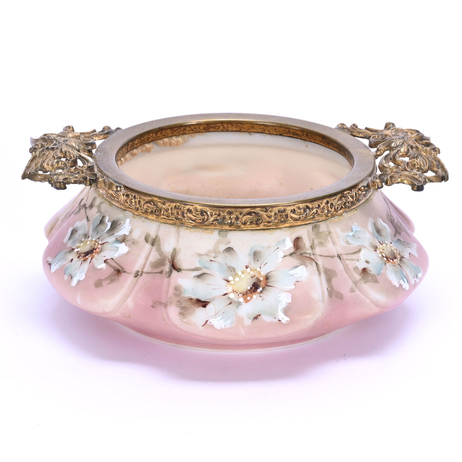 Bon Bon, Marked Nakara Crown Mold: Bon Bon, Marked Nakara Crown Mold, 2.75 x 6.75 x 6.5 Inches, Pink And Cream Tones With Blue Floral Decor, Gilt Metal Rim And Handles, 1.1 Pounds, Grady And Annette Hite Collection.