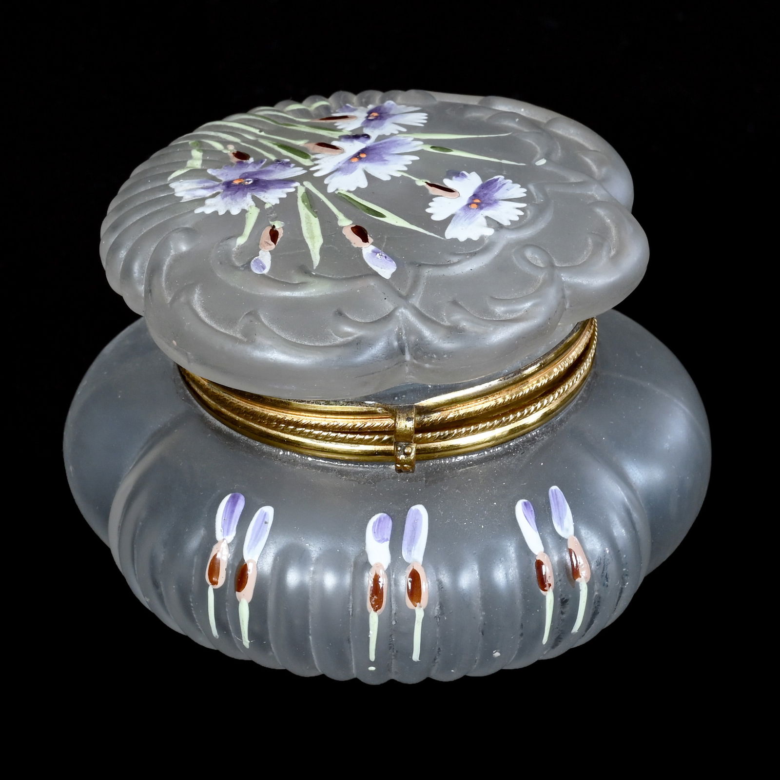 Jewel Box, Frosted Art Glass: Jewel Box, Frosted Art Glass, 3.25 x 4 x 4 Inches, Enamel Floral Decor, 0.5 Pounds, Grady And Annette Hite Collection.