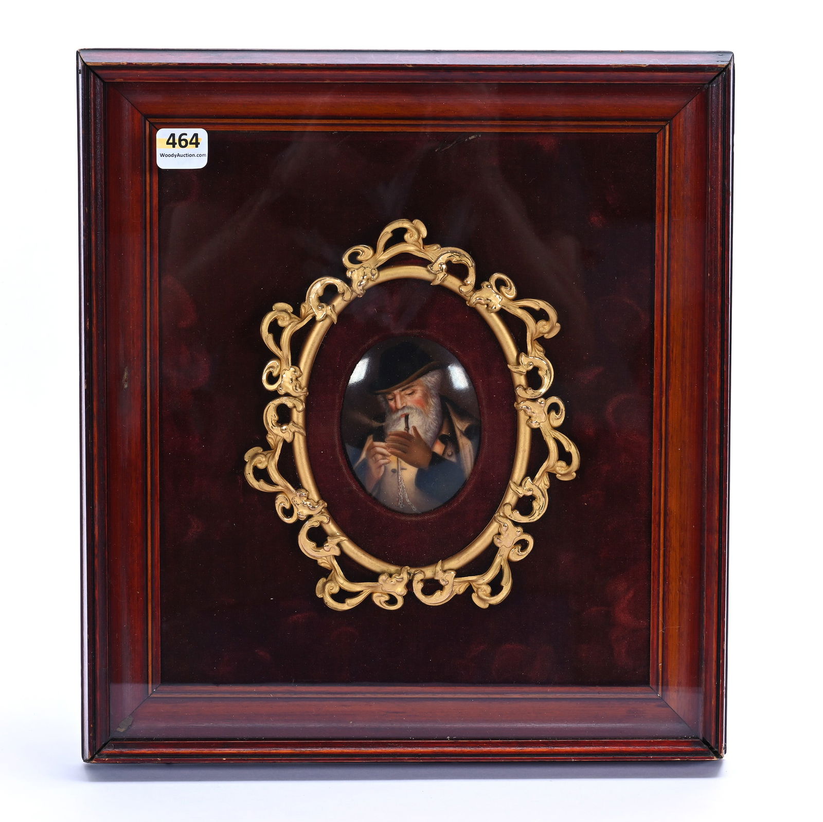 Framed Porcelain Plaque: Framed Porcelain Plaque, 12.5 x 11.5 x 1.5 Inches, Hand Painted Scene Of Man Lighting Pipe, Artist Signed Wagner, Fantastic Detail, The Plaque Size Is Approximately 3.25" x 2.5", 2.6 Pounds, Grady
