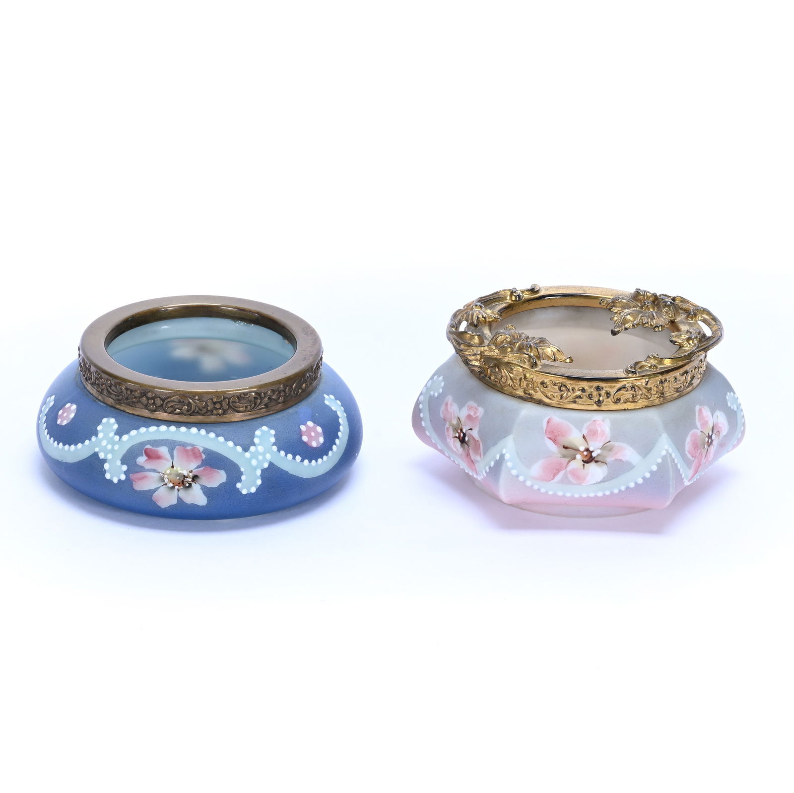 (2) Marked Nakara Pin Dishes: (2) Marked Nakara Pin Dishes, (1) 2" x 3.5" x 3.5" Six Sided Lavender And Pink Tones Elaborate Metal Rim, (1) 1.5" x 3.75" x 3.75" Dark Blue With Pink Floral Decor, 0.8 Pounds, Grady And Annette Hite