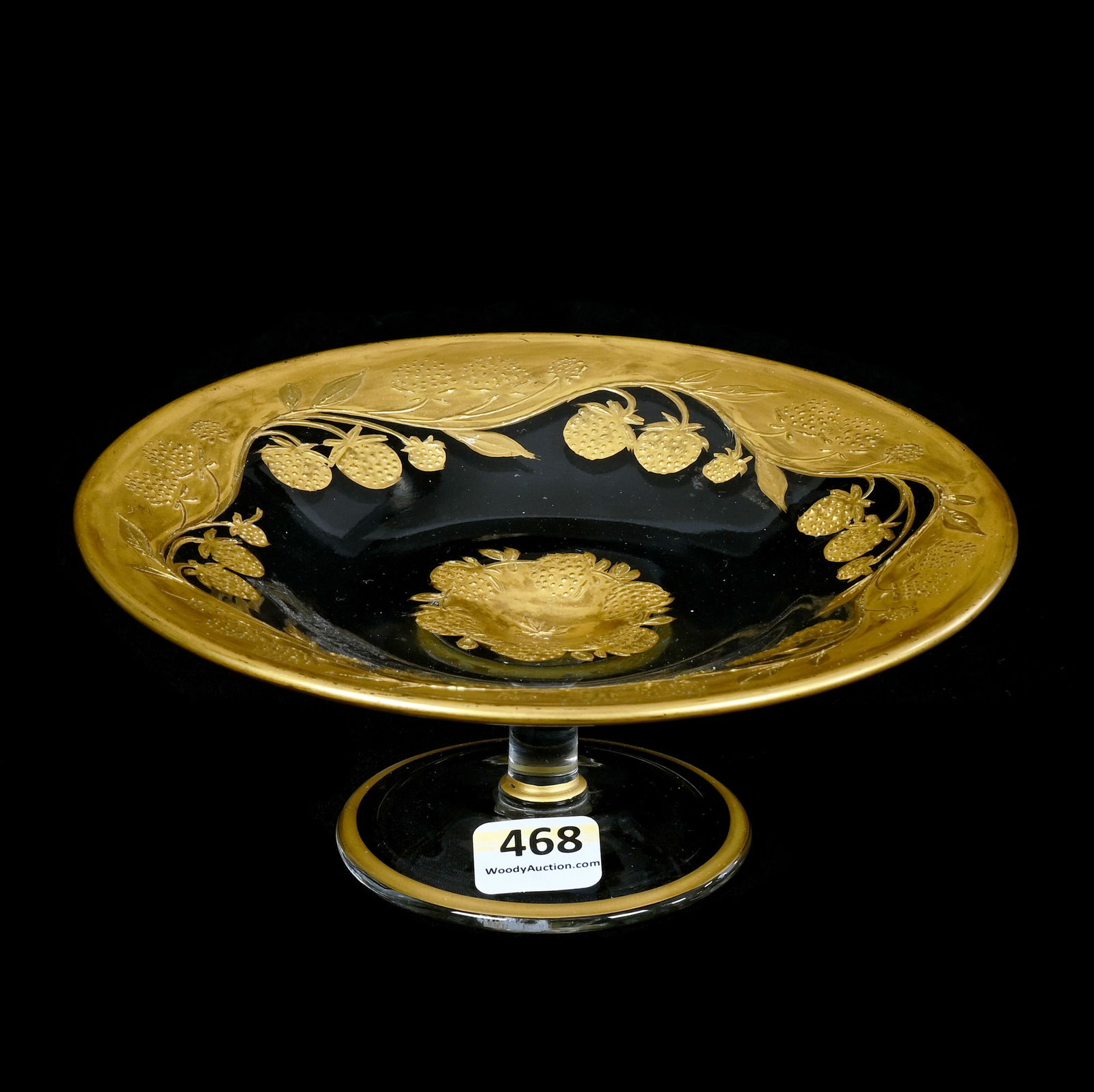 Compote, Clear Art Glass: Compote, Clear Art Glass, 6.5 x 6.5 x 2.5 Inches, Heavy Gold Enamel Berry Decor, 0.7 Pounds, Grady And Annette Hite Collection.