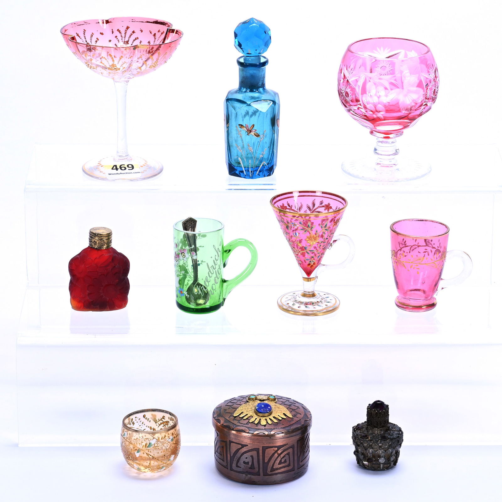 Large Group Of Miscellaneous Items: Large Group Of Miscellaneous Items, Set Includes (5) Moser Art Glass Items With Enamel Floral Decor, (1) Cranberry Cut To Clear Pedestal Punch Bowl, (2) Miniature Perfume Bottles, (1) 4" Blue Art