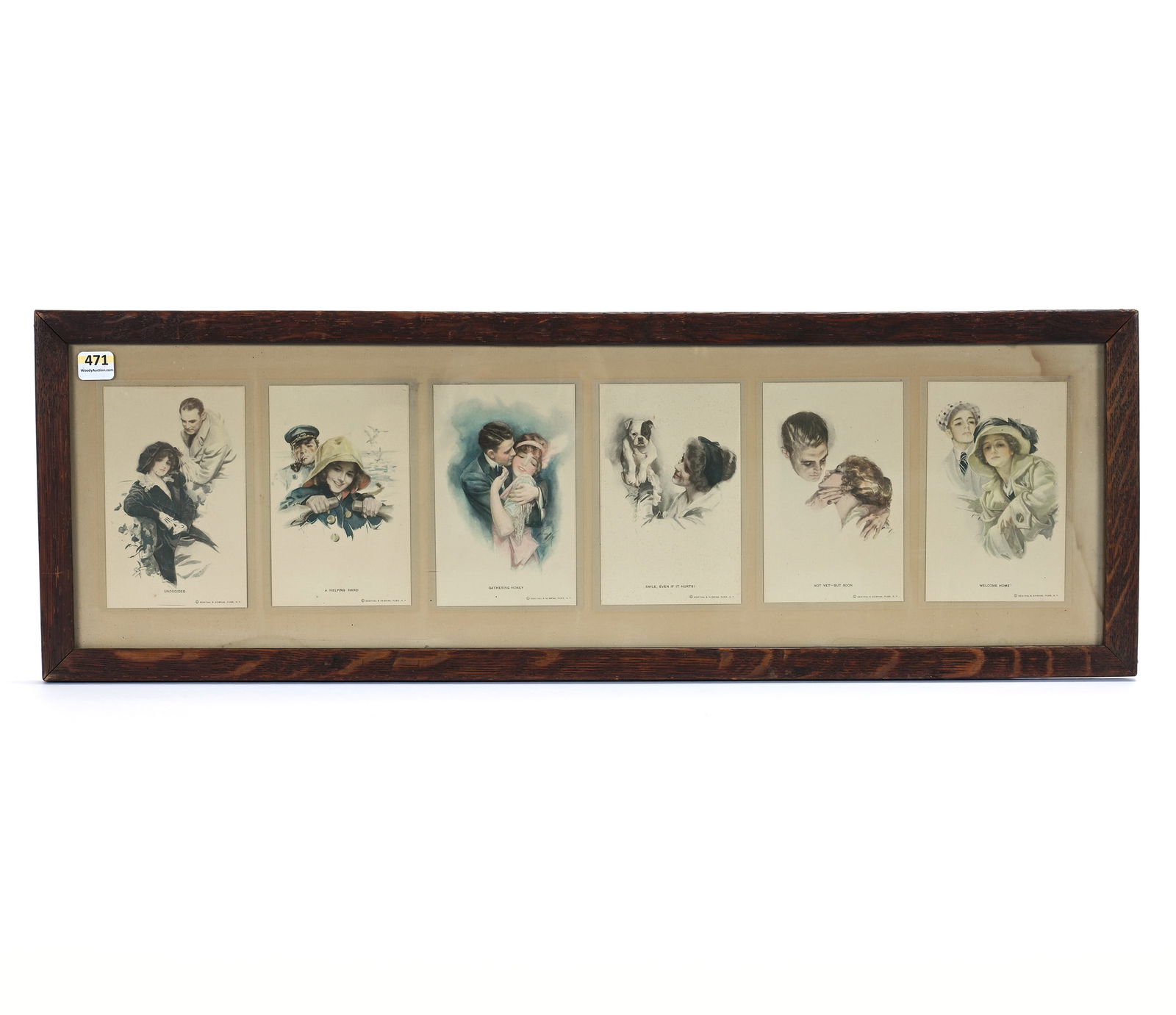 Six Framed Cards, Harrison Fisher Beauties: Six Framed Cards, Harrison Fisher Beauties, 27.5 x 9 x 0.5 Inches, Include, "Undecided", "A Helping Hand", "Gathering Honey", "Smile, Even If It Hurts", "Not Yet, But Soon", And "Welcome Home", Oak Fr