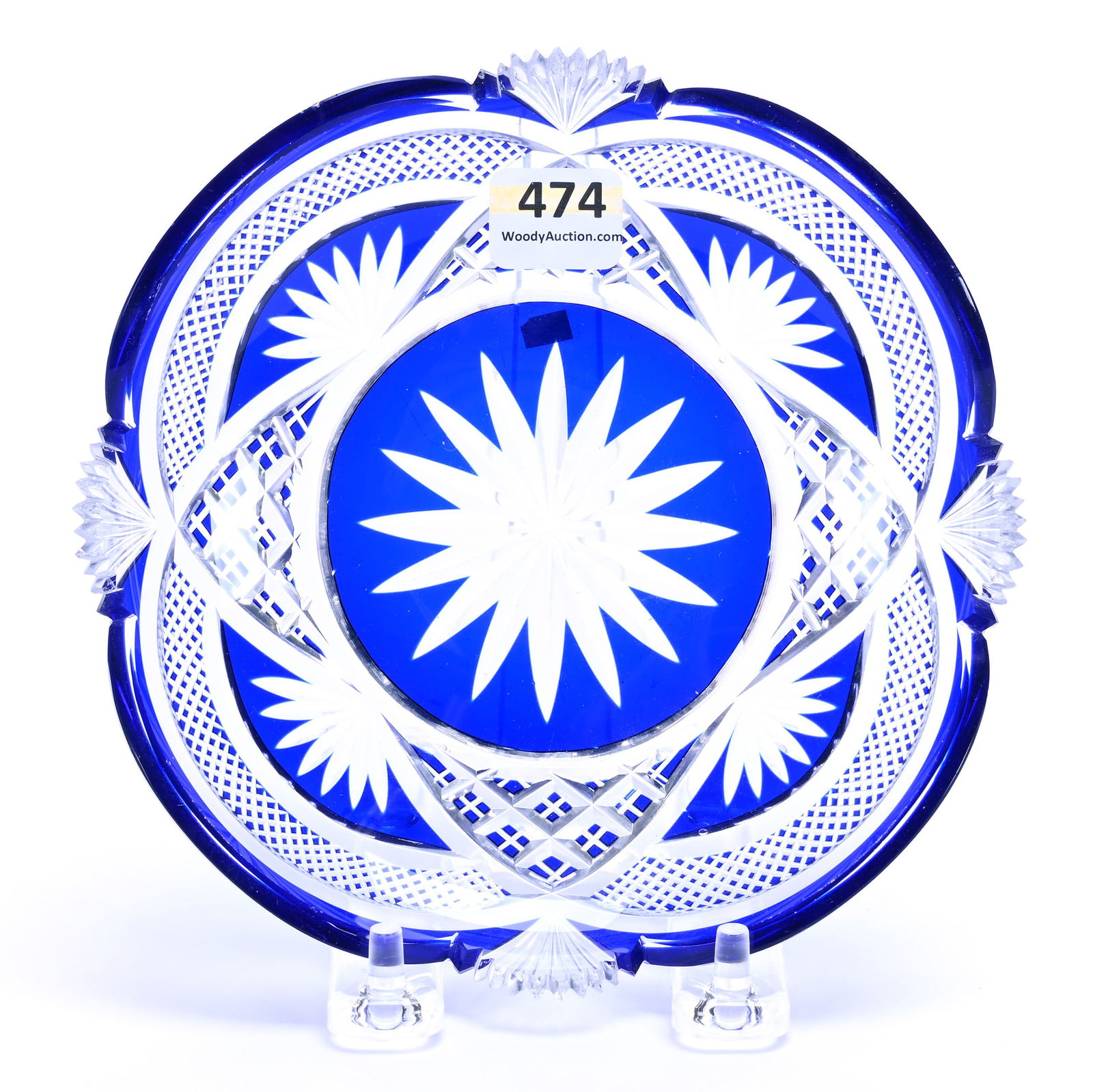 Dish, Brilliant Period Cut Glass, Cobalt Blue Cut To Clear: Dish, Brilliant Period Cut Glass, Cobalt Blue Cut To Clear, 6.25 x 6.25 x 1.25 Inches, Crosscutting, Quartered Diamond, And Fan Motif, Attributed To Val St. Lambert, Some Tooth Roughness, 0.7 Pounds,