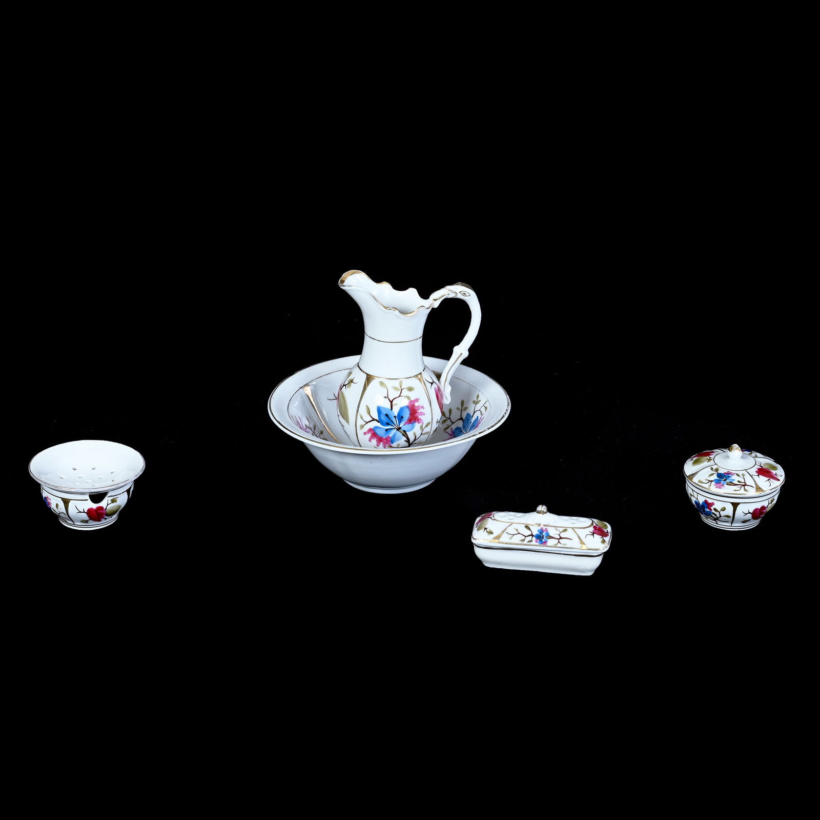 Child's Wash Set, Unmarked Germany: Child's Wash Set, Unmarked Germany White With Blue Floral And Pink Leaf Decor, Gold Stencil Highlights, Includes (1) 6.25" x 6.75" Pitcher And Washbowl, (1) 3.25" Soap Dish, (1) 3" Covered Jar, (1)