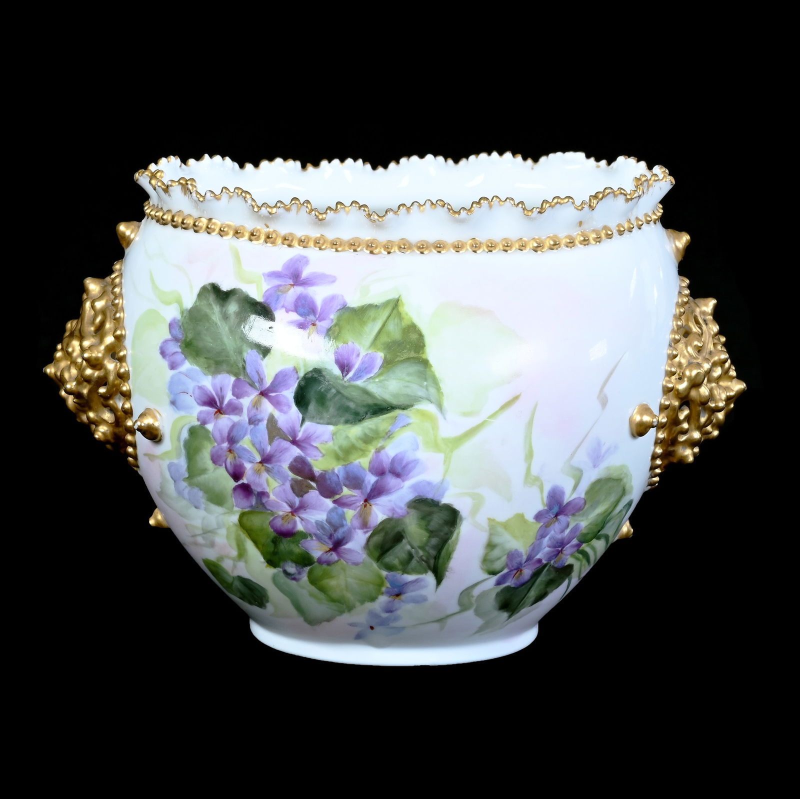 Oval Vase, Marked Lotus Ware: Oval Vase, Marked Lotus Ware, 4.5 x 6.5 x 4.5 Inches, White With Violet Decor, Heavy Gold Trim, 0.9 Pounds, Grady And Annette Hite Collection.
