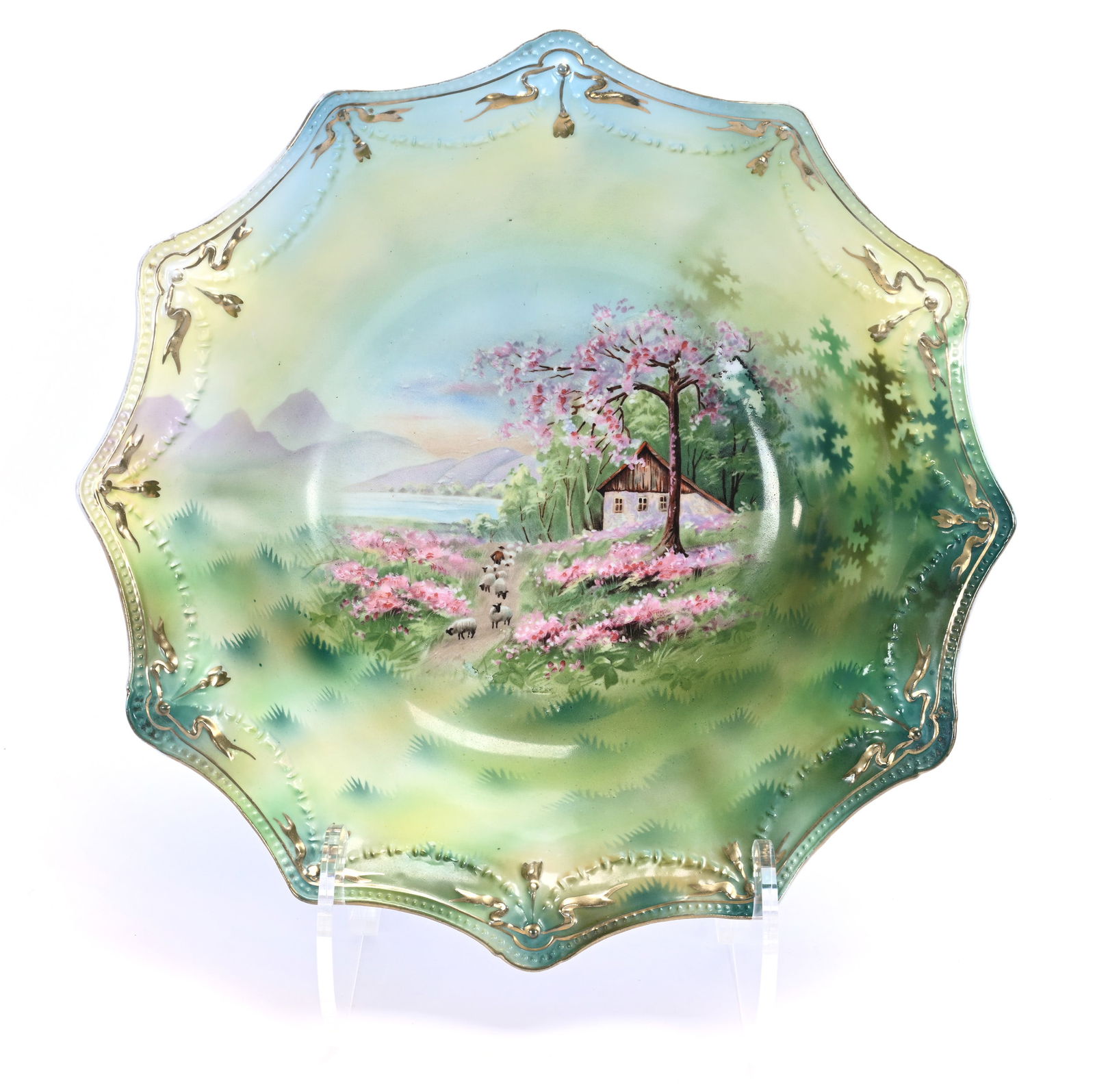 Bowl, Marked R.S. Prussia, Swag And Tassel Mold: Bowl, Marked R.S. Prussia, Swag And Tassel Mold, 11 x 11 x 3 Inches, Sheepherder Scenic Decor, Nice Example, 1.2 Pounds, Grady And Annette Hite Collection.