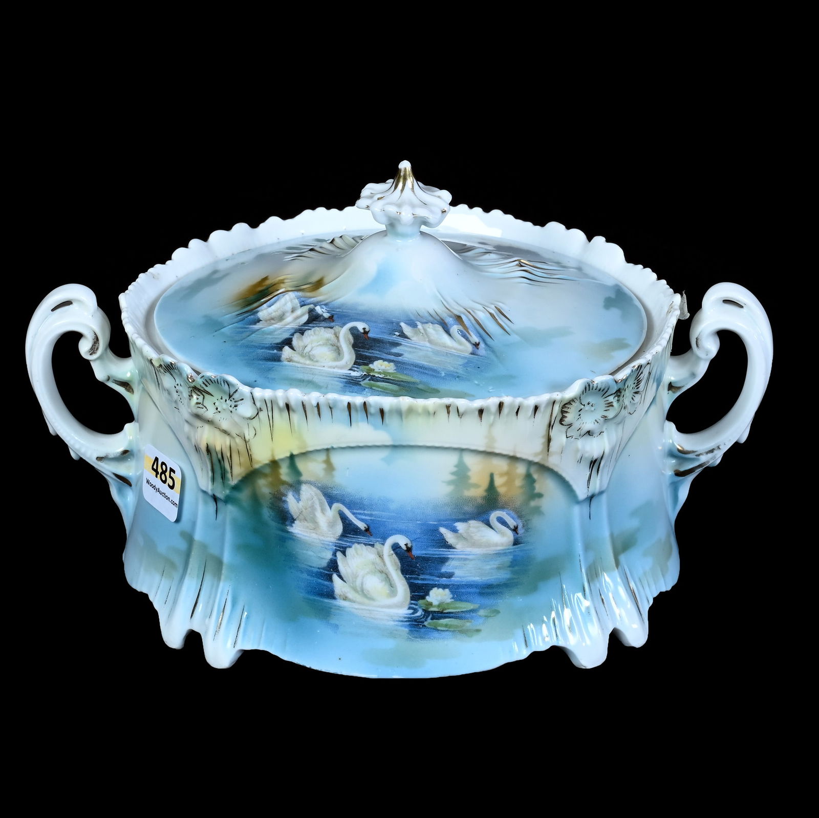 Two Handled Cracker Jar, Marked R.S. Prussia Icicle Mold: Two Handled Cracker Jar, Marked R.S. Prussia Icicle Mold, 5.25 x 8.75 x 6.25 Inches, Swan Scenic Decor, 1.7 Pounds, Grady And Annette Hite Collection.