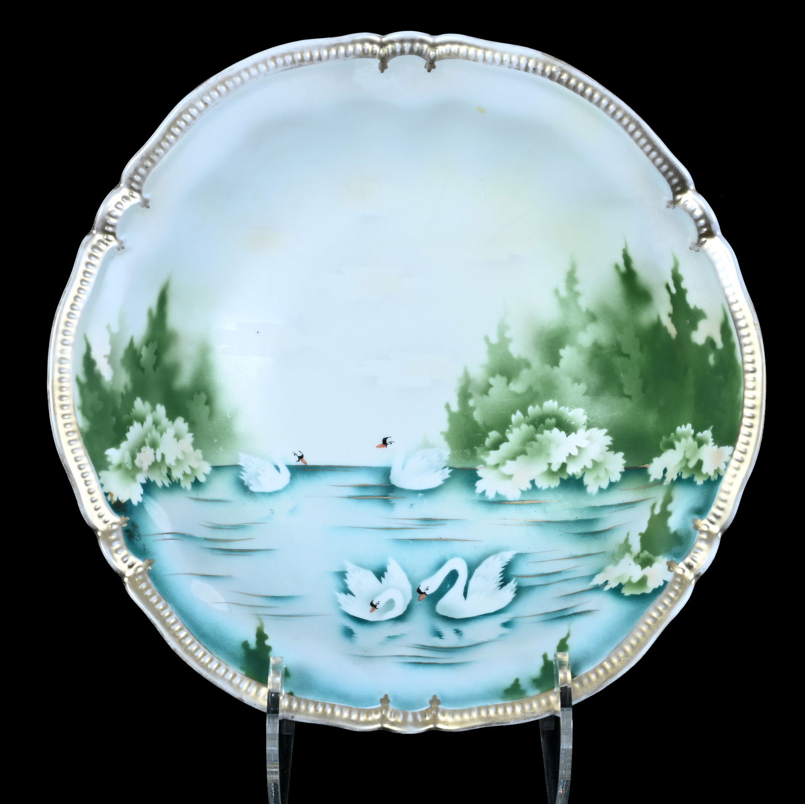 Bowl, Unmarked R.S. Prussia: Bowl, Unmarked R.S. Prussia, 10.5 x 10.5 x 3 Inches, Stylized Swan Scenic Decor, Satin Finish, 1.1 Pounds, Grady And Annette Hite Collection.