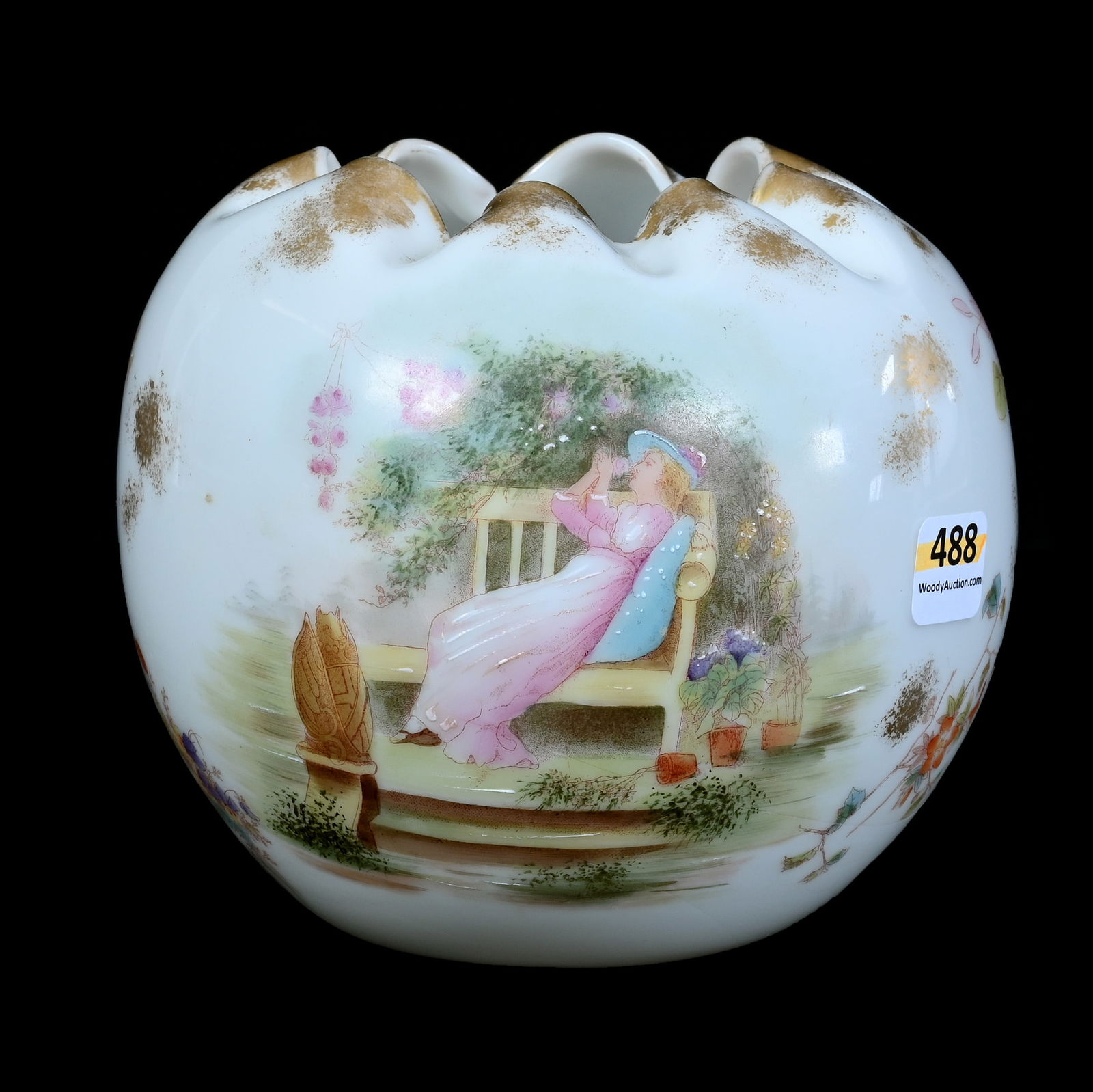 Rose Bowl, White Opal Ware Art Glass: Rose Bowl, White Opal Ware Art Glass, 5.25 x 5.75 x 5.75 Inches, Cherub And Woman Scenic Decor, 0.8 Pounds, Grady And Annette Hite Collection.