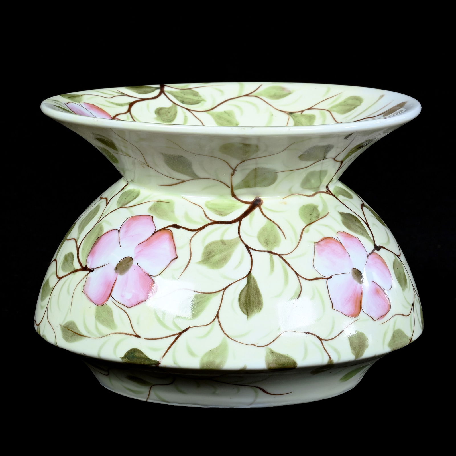 Spittoon, Early Unmarked Prussia: Spittoon, Early Unmarked Prussia, 5 x 7 x 7 Inches, Yellow And White With Pink Blossom Decor, 3.1 Pound, Grady And Annette Hite Collection.