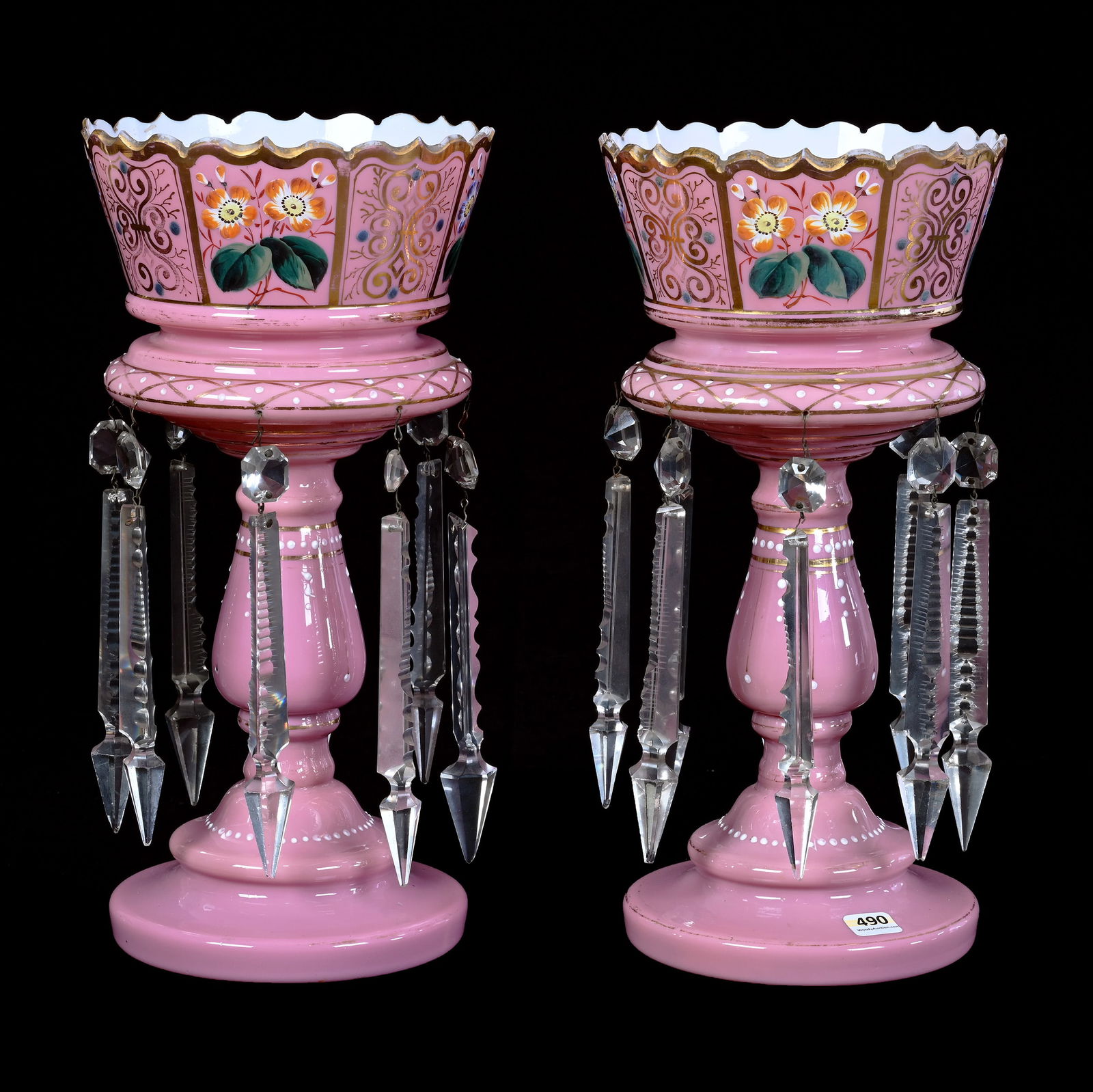 Pair Candle Lusters: Pair Candle Lusters, 14 x 6.5 x 6.5 Inches, Pink Cased Art Glass With White Interior, Enamel Floral Decor, Clear Prisms, 8.2 Pounds, Grady And Annette Hite Collection.