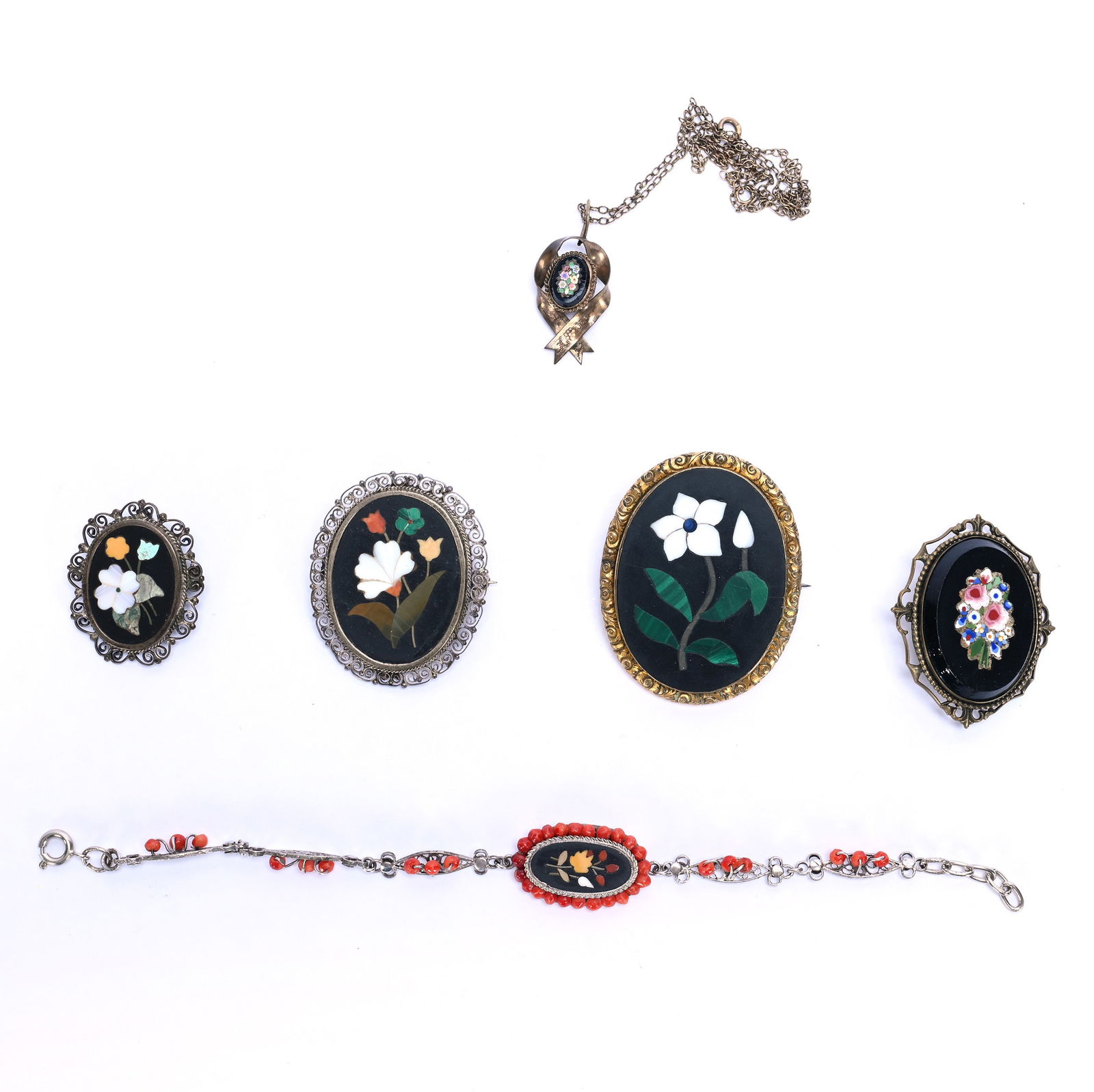 (6) Jewelry Items, Italian Pietra Dura And Micro-Mosaics: (6) Jewelry Items, Italian Pietra Dura And Micro-Mosaics Including: (4) Broaches, Range In Size From 2" To 1.2", (1) Bracelet 7.5" Total Length, (1) Pendant, 0.1 Pound, Grady And Annette Hite