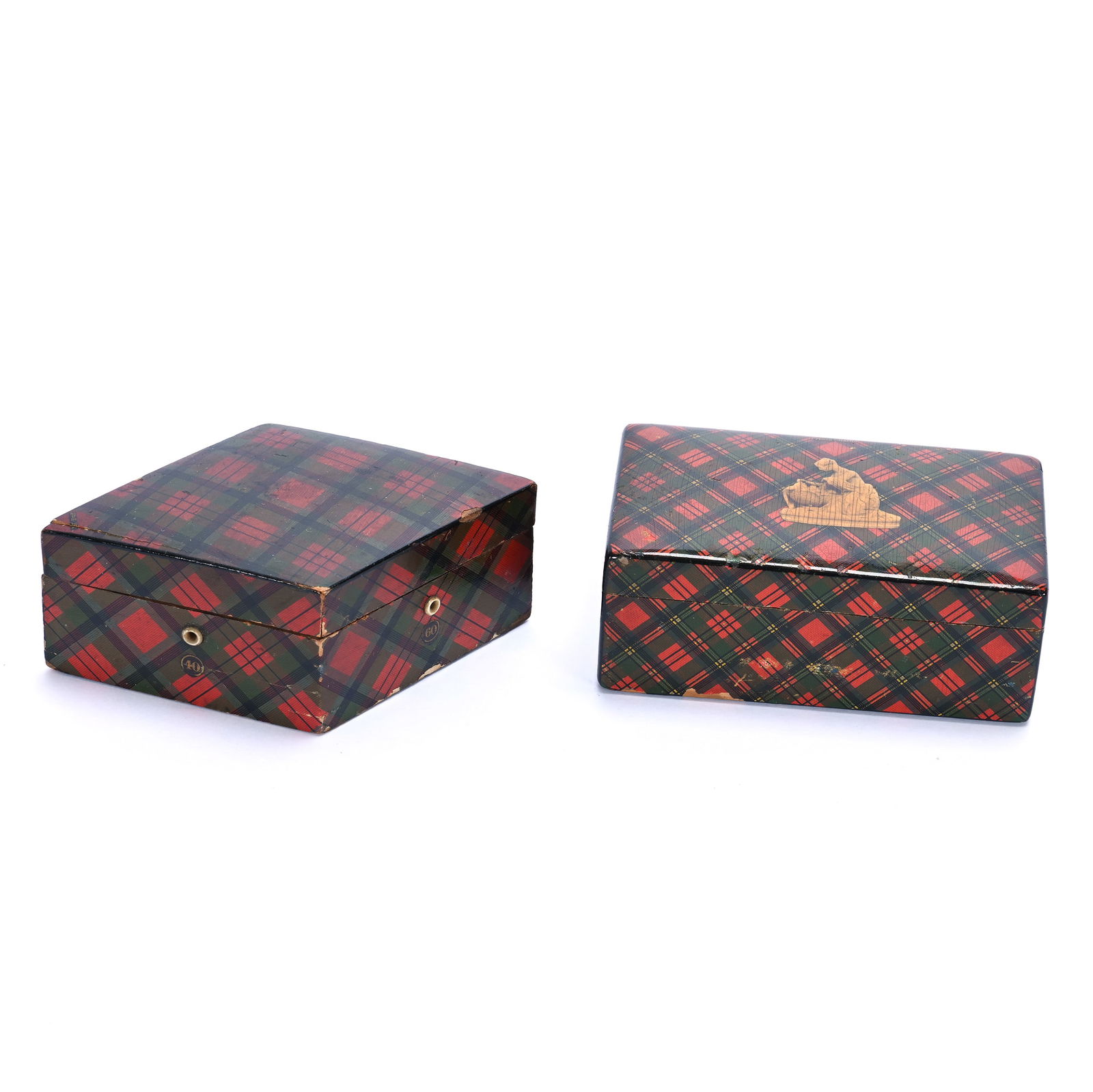 (2) Scottish Tartanware Boxes: (2) Scottish Tartanware Boxes, (1) 5" x 3.25" x 1.75" Diamond Shape Thread Box With Original John Clark Advertising Inside Lid, Four Different Size Thread Holes, (1) 4.5" x 2.5" x 1.75" Box With