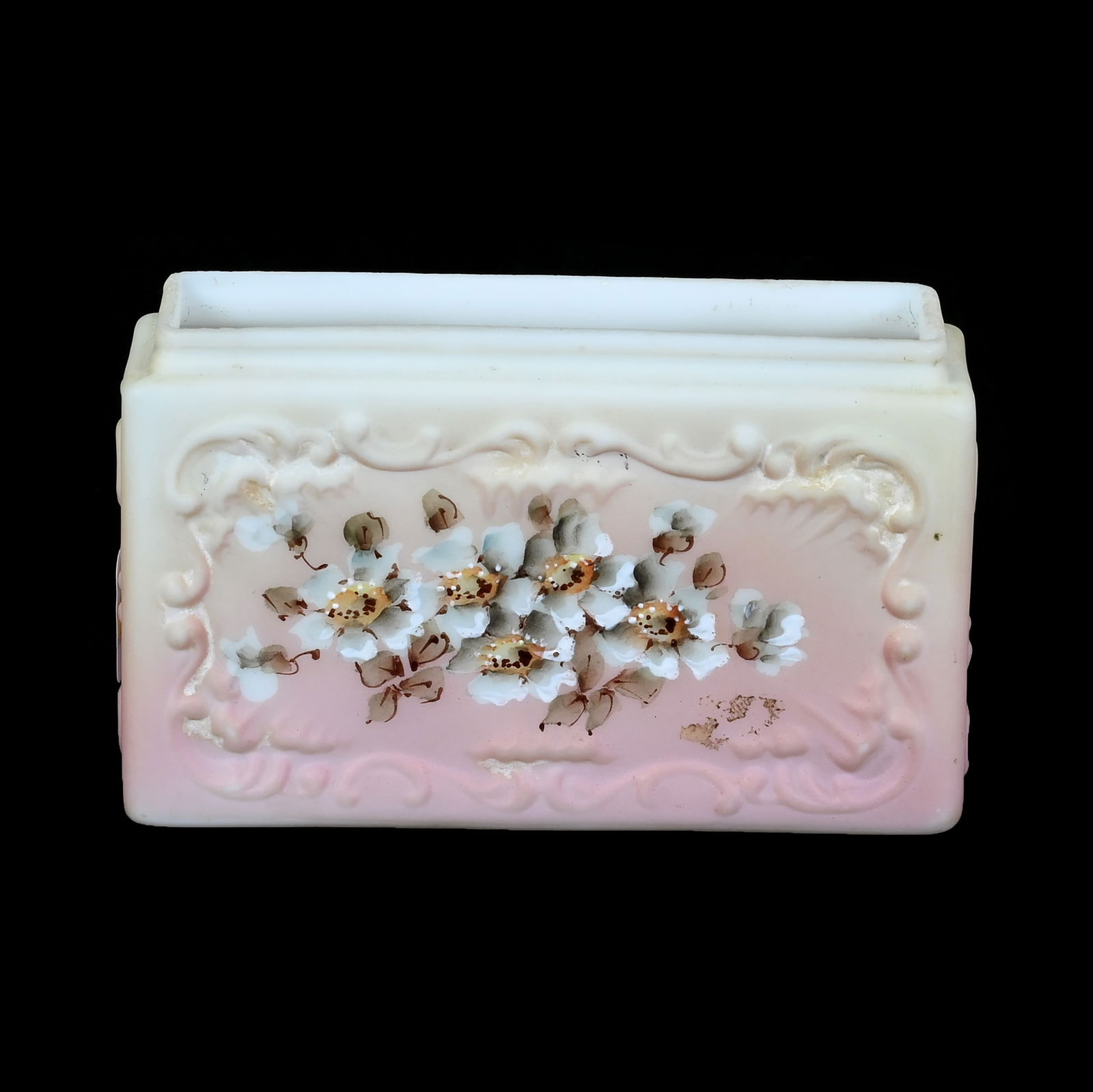 Playing Card Holder, Marked Nakara: Playing Card Holder, Marked Nakara, 4.25 x 1.5 x 2.5 Inches, Pink And Yellow Tones With Blue Floral Decor, 0.5 Pounds, Grady And Annette Hite Collection.