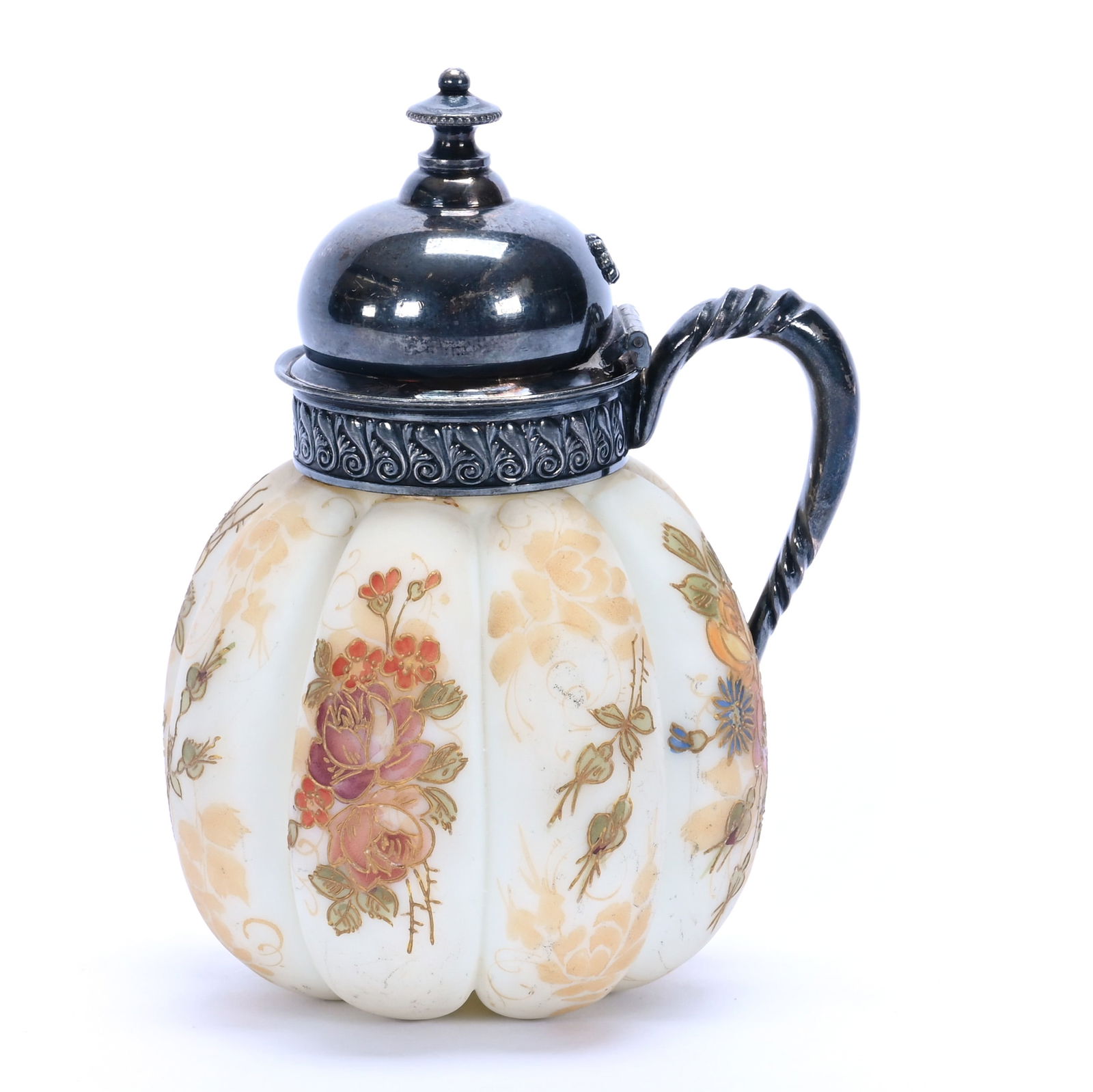 Syrup Pitcher, Marked Crown Milano #313: Syrup Pitcher, Marked Crown Milano #313, 5.5 x 4.25 x 3.5 Inches, Melon Ribbed, Colorful Rose Decor, Silverplate Spout, Lid, And Handle, 0.7 Pounds, Grady And Annette Hite Collection.