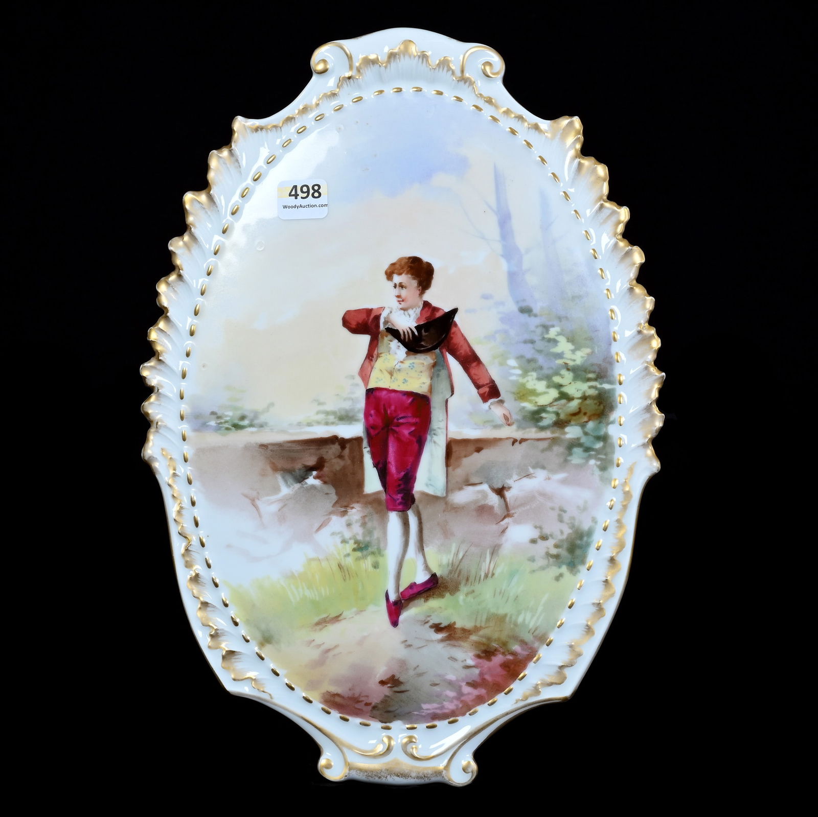 Plaque, Unmarked Limoges: Plaque, Unmarked Limoges, 13.25 x 9 x 1 Inches, Hand Painted Scene Of Young Man, 1.9 Pounds, Grady And Annette Hite Collection.