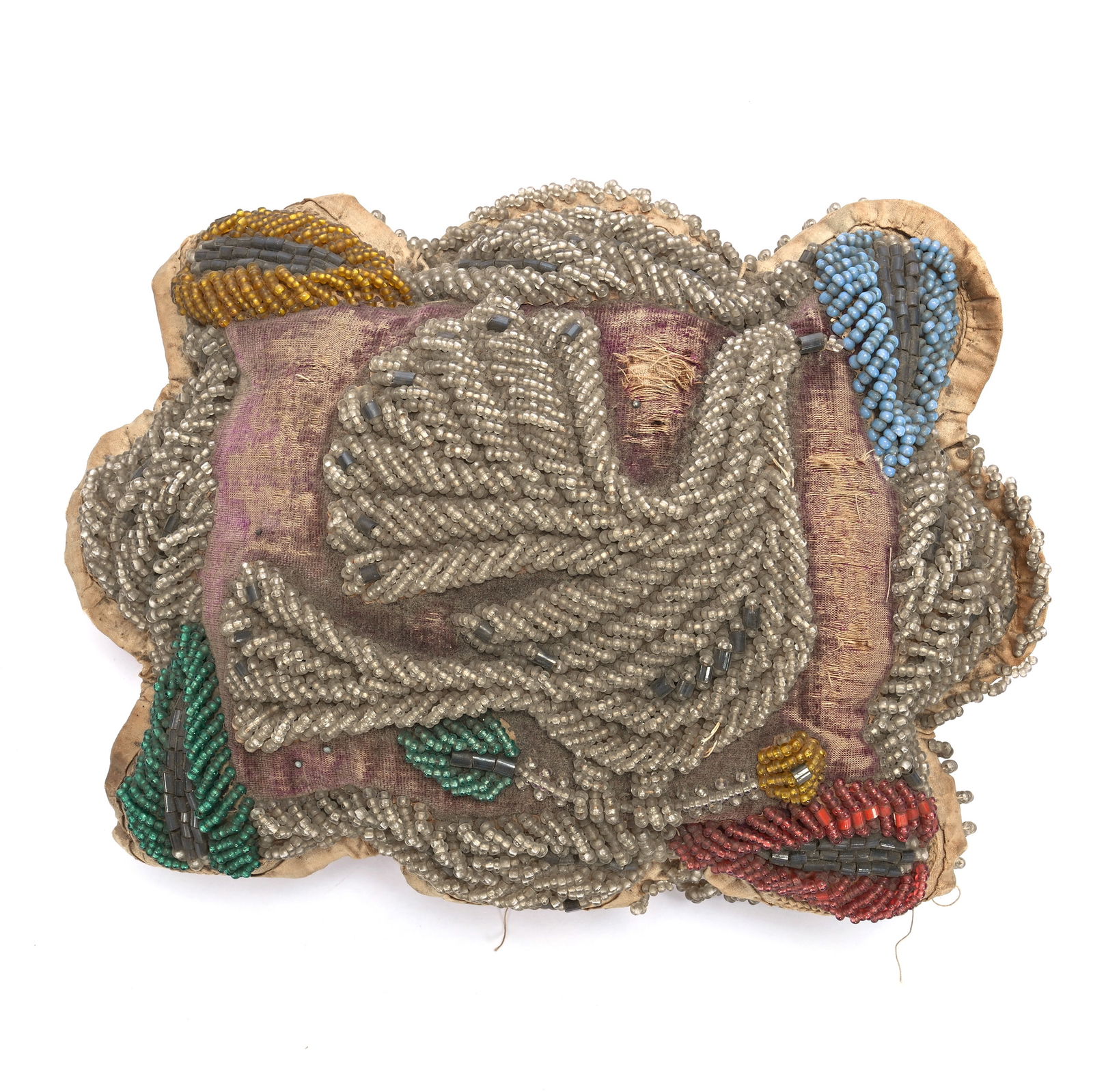 Large Iroquois Native American Turtle Shaped Pin Cushion: Large Iroquois Native American Turtle Shaped Pin Cushion, 4 x 10 x 7.5 Inches, Beaded Bird And Leaf Design, Has Some Wear, 1.9 Pounds, Grady And Annette Hite Collection.