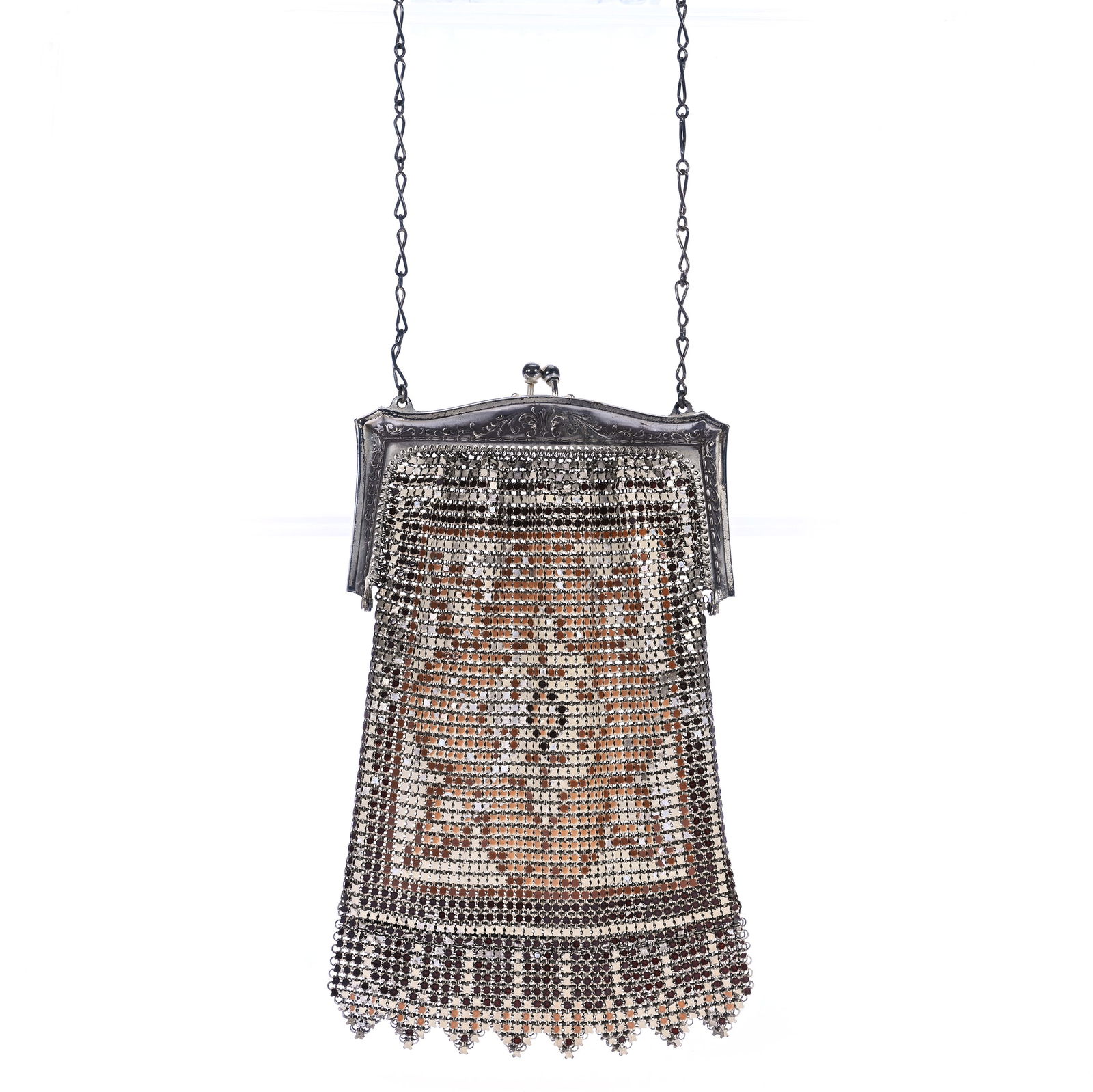 Mesh Handbag, Marked Whitning & Davis: Mesh Handbag, Marked Whiting & Davis, 7 x 4 x 0.375 Inches, Nice Enamel Mesh Highlights, 0.3 Pounds, Grady And Annette Hite Collection.