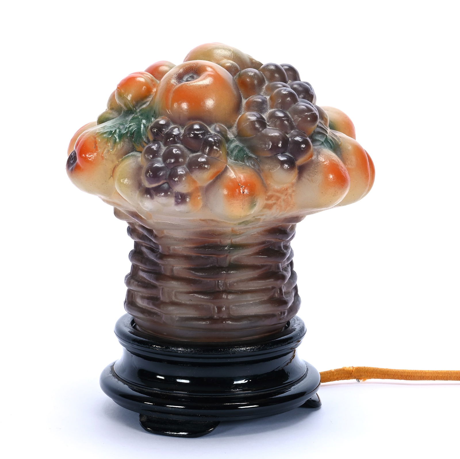 Desk Lamp, Molded Fruit Basket Design: Desk Lamp, Molded Fruit Basket Design, 8 x 6.5 x 6.5 Inches, Attributed To Tiffin Glass, Black Amethyst Electrified Base, 2.9 Pounds, Grady And Annette Hite Collection.