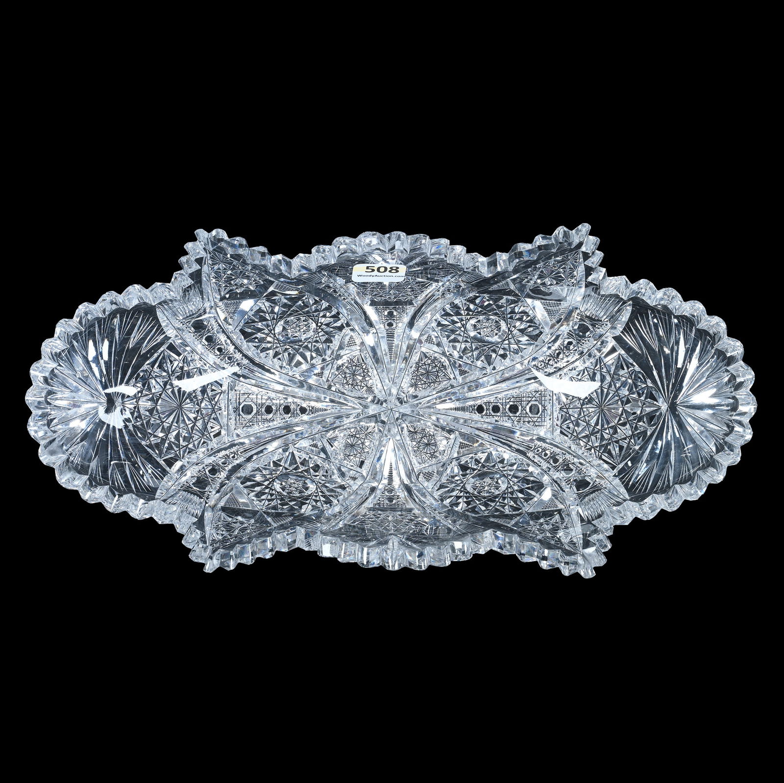 Celery Dish, American Brilliant Cut Glass: Celery Dish, American Brilliant Cut Glass, 11.75 x 5.75 x 3 Inches, Four Alternating Sections Of Hobstar, Vesica, Cane, Crosscutting, And Fan Motif, 2.5 Pounds, Grady And Annette Hite Collection.