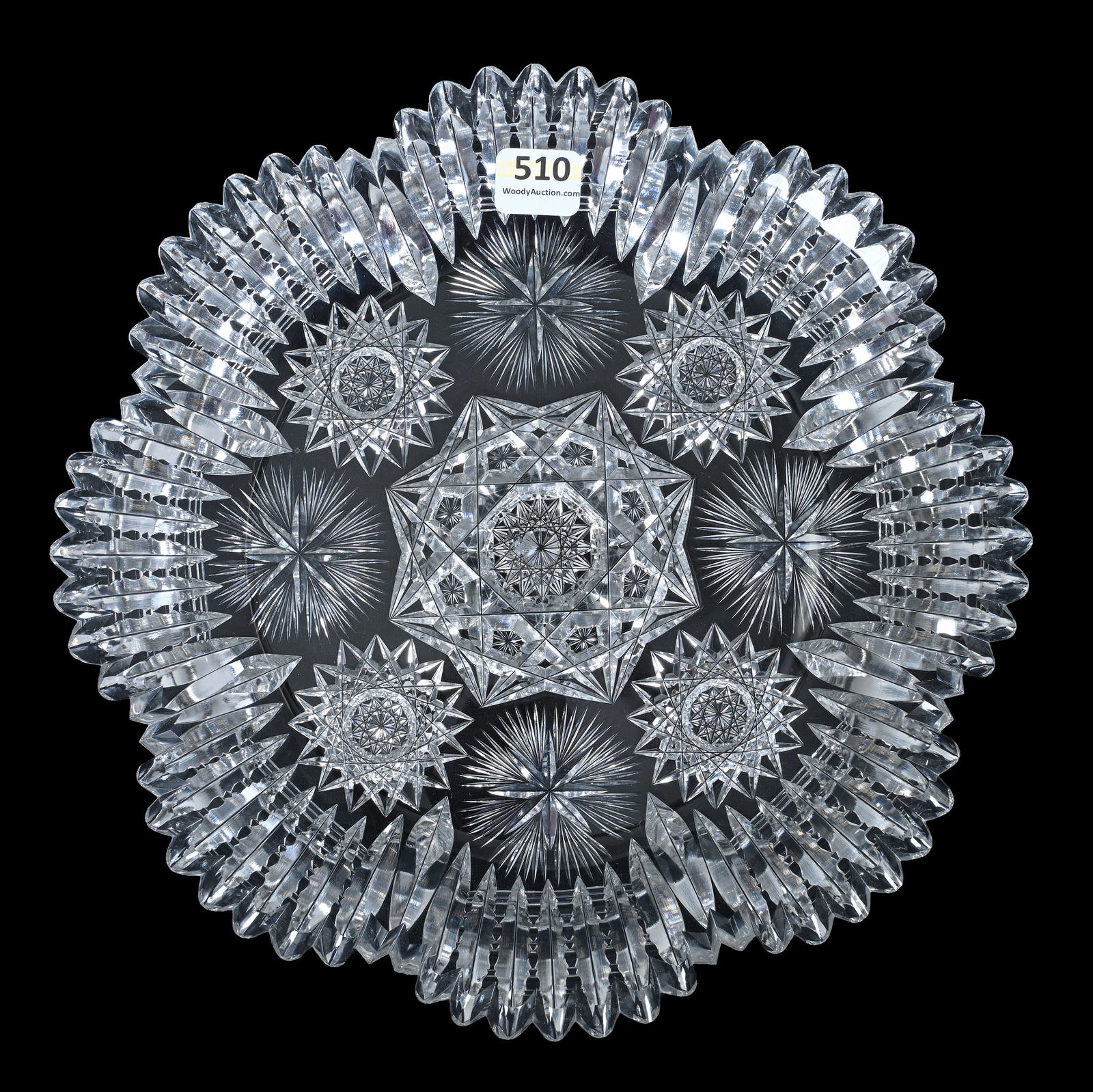 Round Tray, American Brilliant Cut Glass, Planet Pattern Signed Fry: Round Tray, American Brilliant Cut Glass, Planet Pattern Signed Fry, 9.75 x 9.75 x 1.25 Inches, Quality Example, 3 Pounds, Grady And Annette Hite Collection.