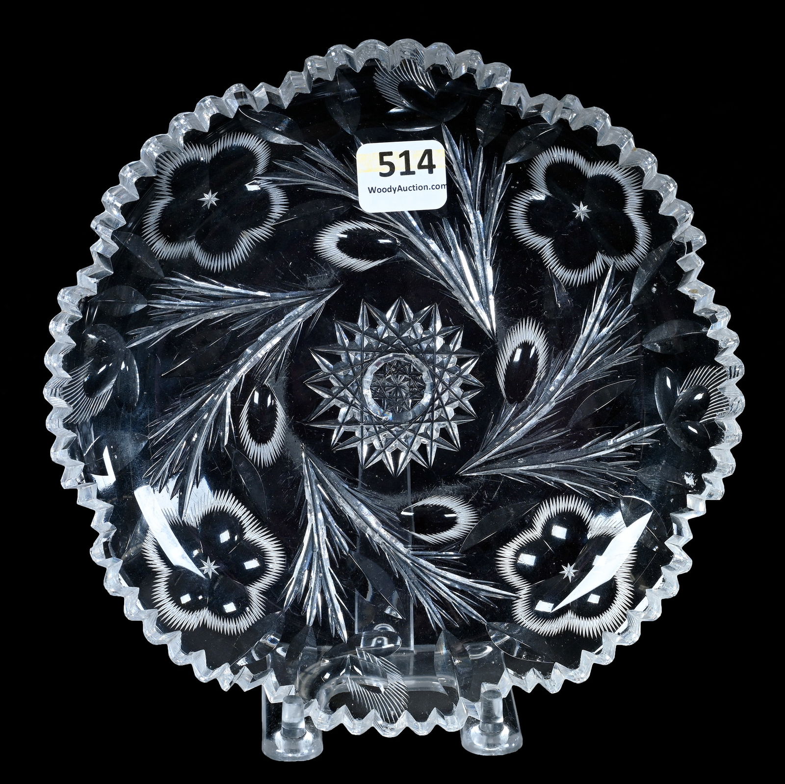 Plate, American Brilliant Cut Glass: Plate, American Brilliant Cut Glass, 7 x 7 x 1 Inches, Hobstar Center With Engraved Floral Border, 1.5 Pounds, Grady And Annette Hite Collection.