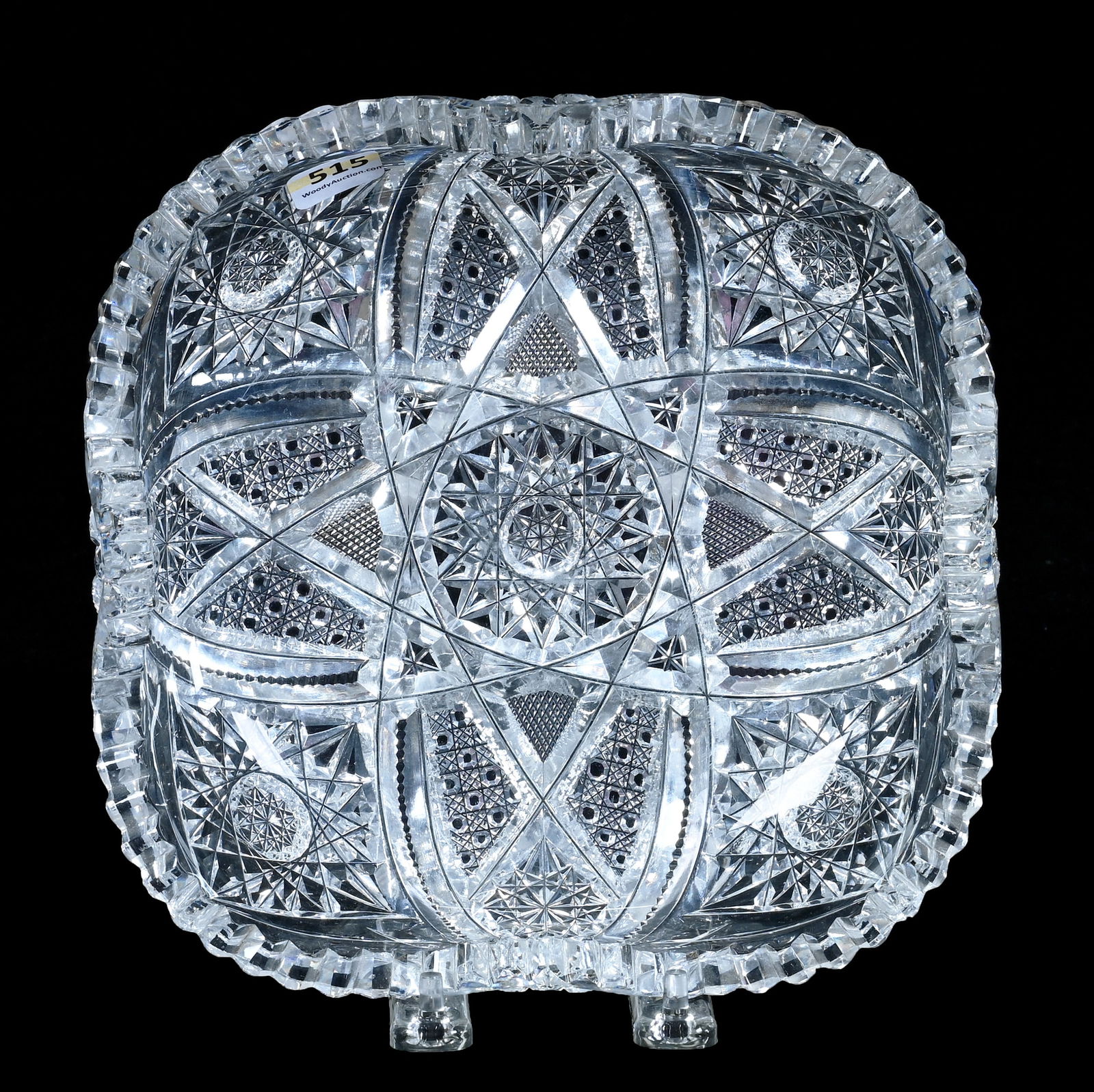 Square Bowl, American Brilliant Cut Glass: Square Bowl, American Brilliant Cut Glass, 8.25 x 8.25 x 2.25 Inches, Four Alternating Sections Of Hobstar, Vesica, Cane, Crosscutting And Prism Motif, 3.1 Pound, Grady And Annette Hite Collection.