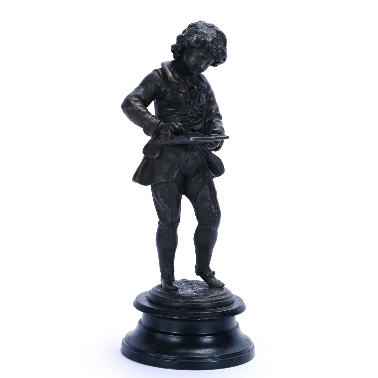 Statue: Statue, 13 x 5.25 x 5.25 Inches, White Metal Figure Of Young Boy Writing On Tablet, 5.1 Pound, Grady And Annette Hite Collection.