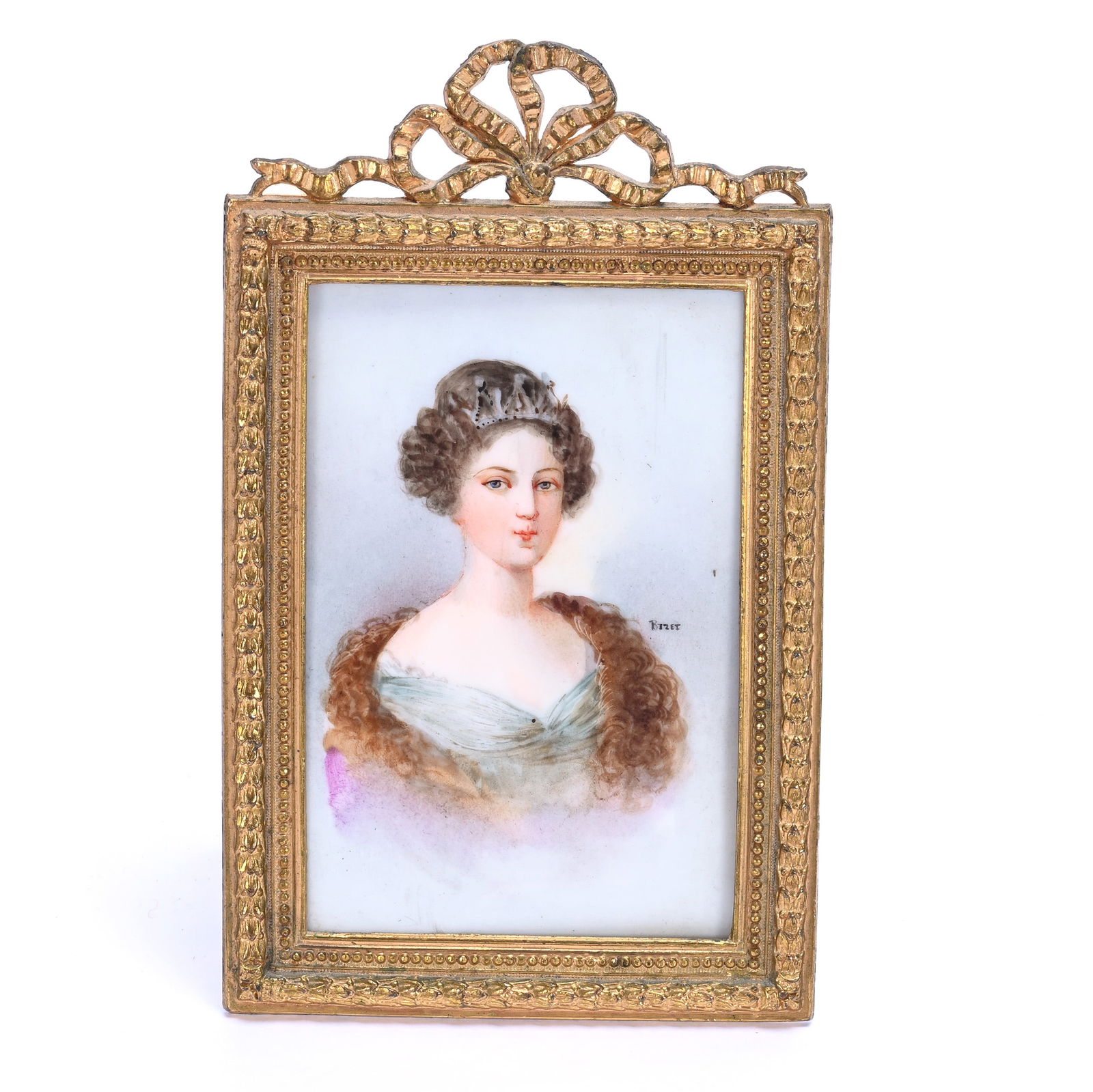 Framed Hand Painted French Porcelain Plaque: Framed Hand Painted French Porcelain Plaque, 5.5 x 3.25 x 0.5 Inches, Portrait Of Amilee Princesse De Saxe, Gilt Metal Frame With Easel, Artist Signed, 0.3 Pounds, Grady And Annette Hite Collection.
