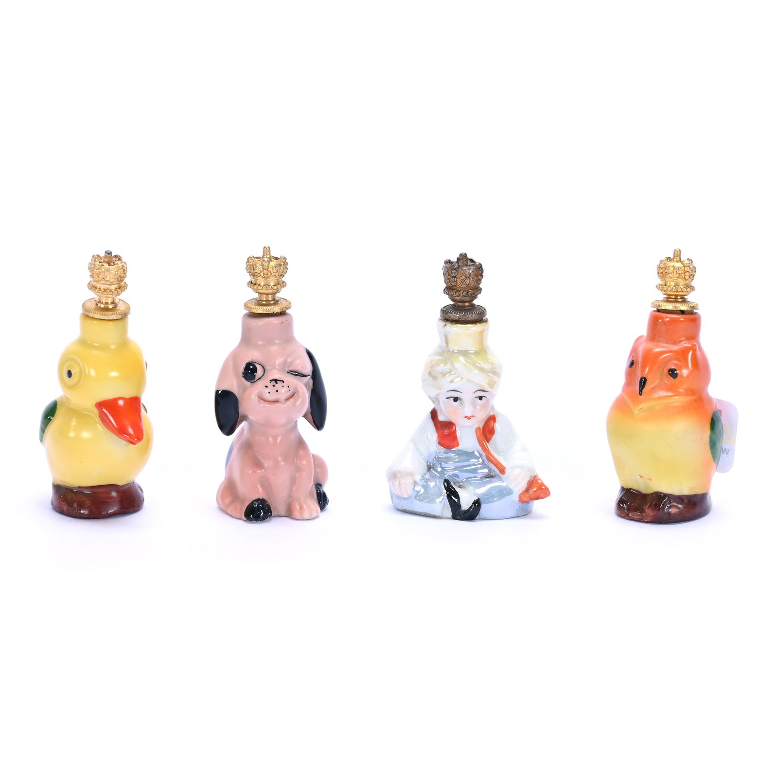 (4) Miniature Figural Perfume Bottles: (4) Miniature Figural Perfume Bottles, 2.5 x 1.5 x 1 Inches, Marked Germany, (1) Duck, (1) Owl, (1) Dog, And (1) Child, 0.2 Pounds, Grady And Annette Hite Collection.