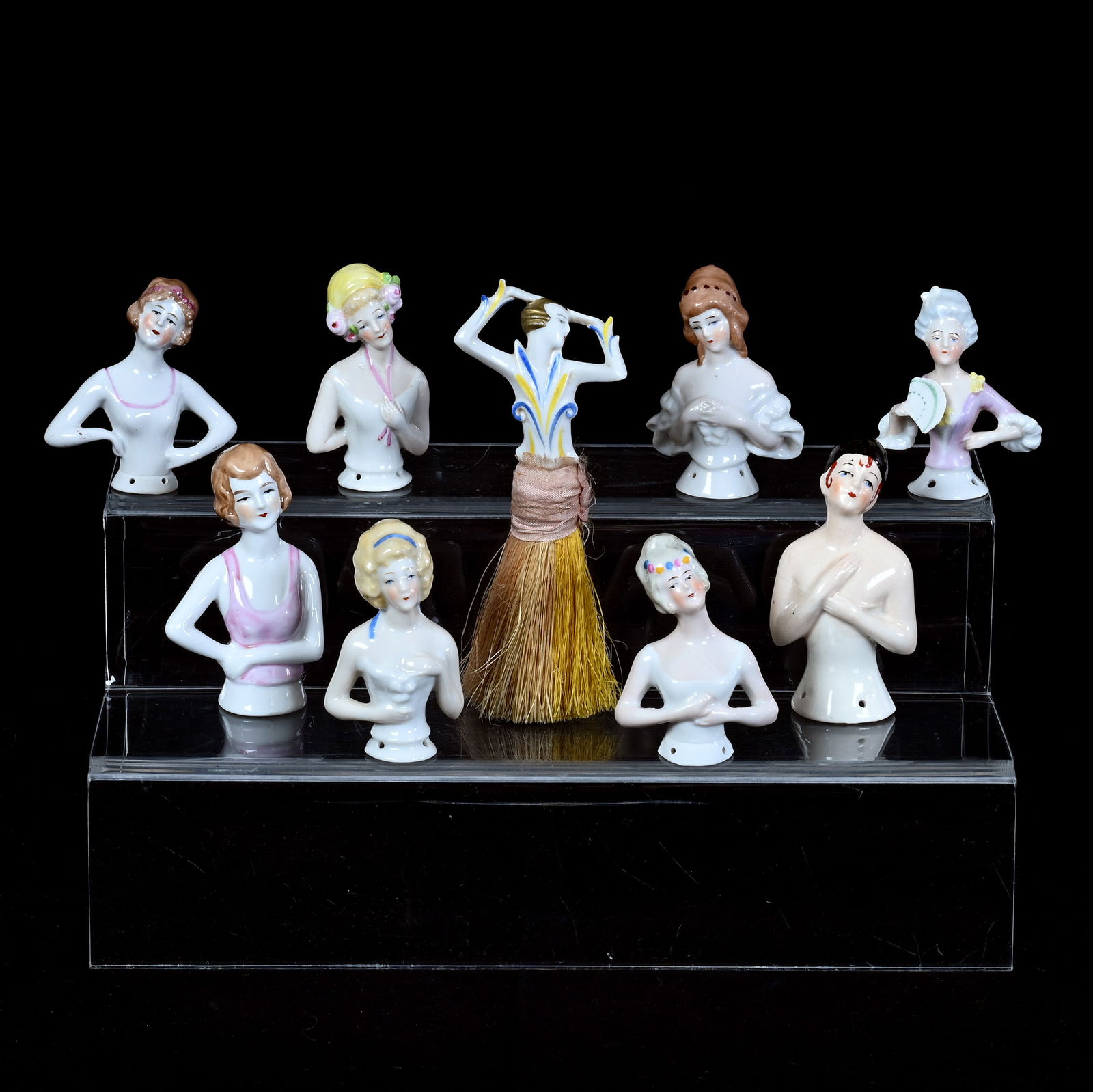 (9) Half-Figure Pin Cushion Dolls: (9) Half-Figure Pin Cushion Dolls, Wonderful Assortment Of Various Figures, (1) With Attached Whisk Broom Bottom, 0.7 Pounds, Grady And Annette Hite Collection.