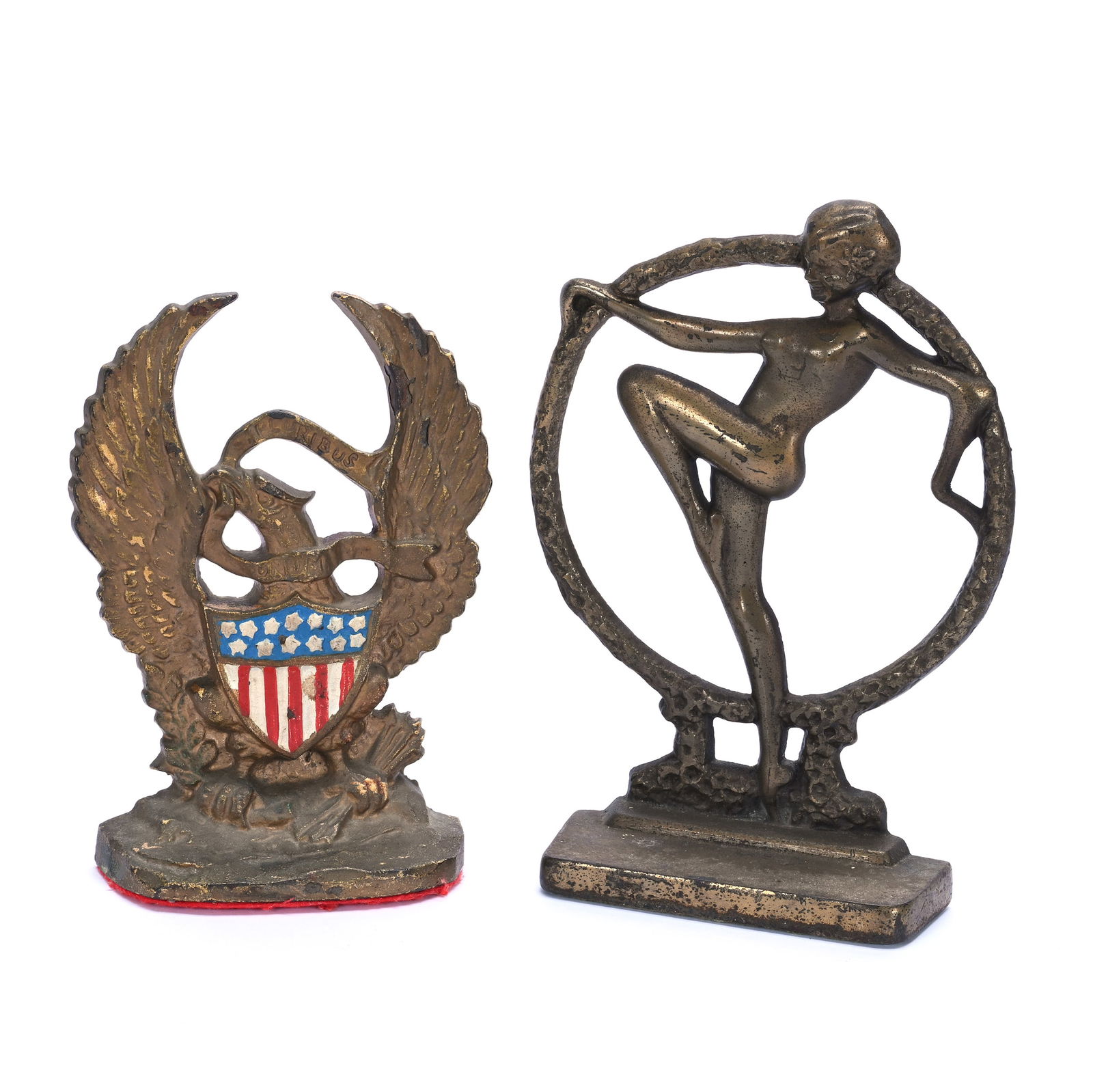 (2) Cast Iron Bookends: (2) Cast Iron Bookends, (1) 8.75" x 6" x 2" Art Deco Nude, (1) 7" x 5.25" x 2" American Eagle "E Pluribus Unum", 4 Pounds, Grady And Annette Hite Collection.