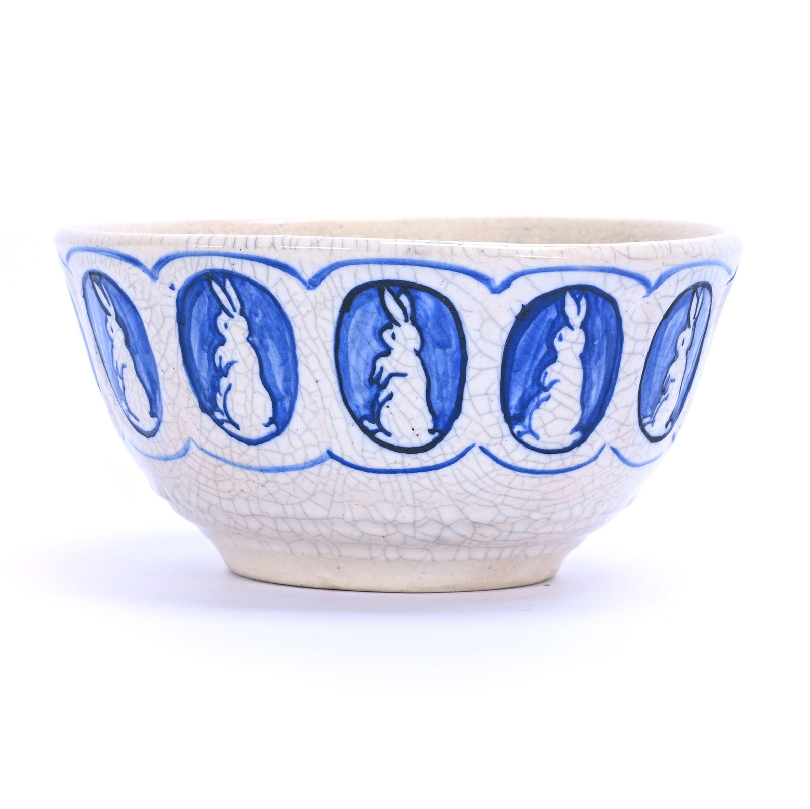 Bowl, Marked Dedham Pottery: Bowl, Marked Dedham Pottery, 5 x 5 x 2.5 Inches, Rabbit Panel Design, 1929 Through 1943, Nice Example, 0.5 Pounds, Grady And Annette Hite Collection.