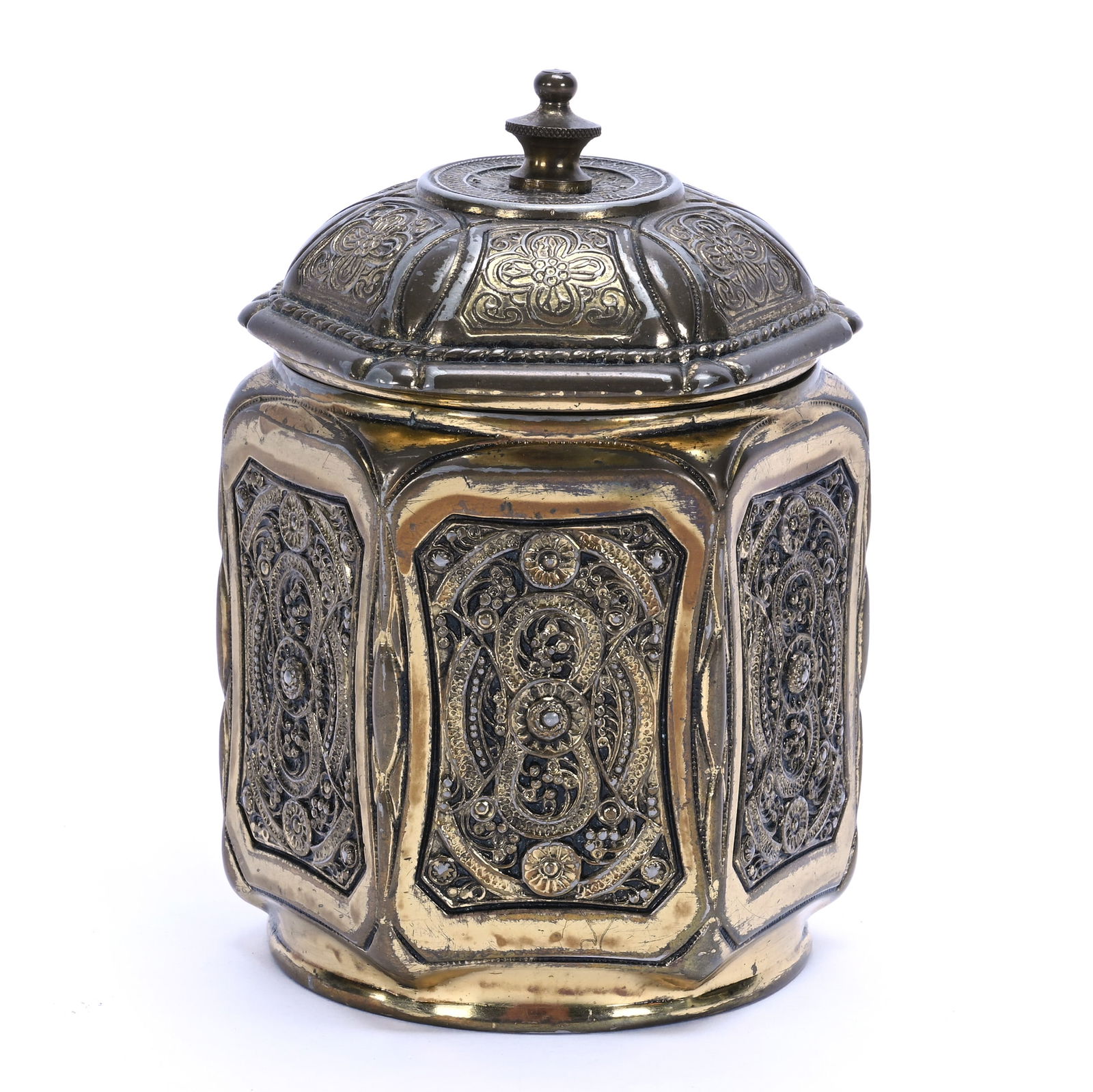Six-Sided Tea Caddy: Six-Sided Tea Caddy, 4.75 x 3.5 x 3.5 Inches, Brass Marked Jennings Bros #2457, Original Wood-Lined Insert And Black Amethyst Inset Inside Lid, 1 Pound, Grady And Annette Hite Collection.