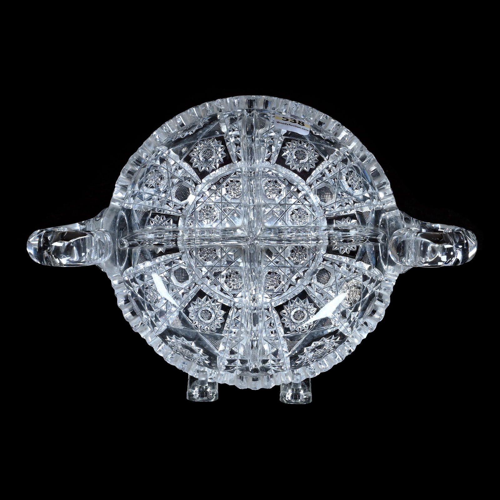 Two Handled, Four Division Bowl, American Brilliant Cut Glass: Two Handled, Four Division Bowl, American Brilliant Cut Glass, 10.5 x 7 x 3 Inches, Hobstar, Button, And Geometric Design, One Handle With Hard To See Annealing Crack, 2.7 Pounds, Grady And Annette