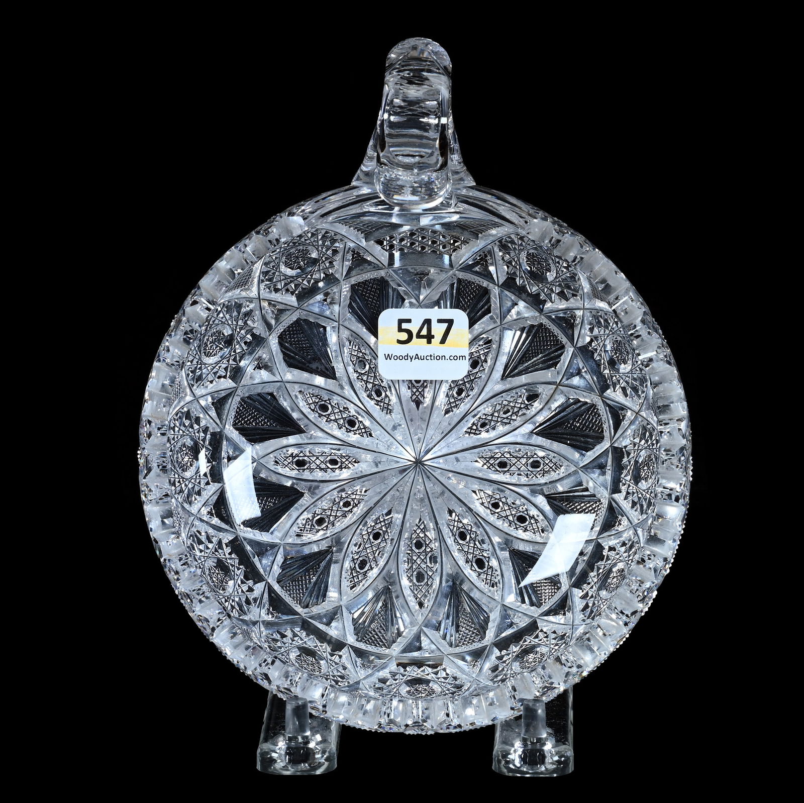 Handled Nappy, American Brilliant Cut Glass, Rex Pattern Variation: Handled Nappy, American Brilliant Cut Glass, Rex Pattern Variation, 6.5 x 5.25 x 2.5 Inches, Hard To See Annealing Crack, 1 Pound, Grady And Annette Hite Collection.