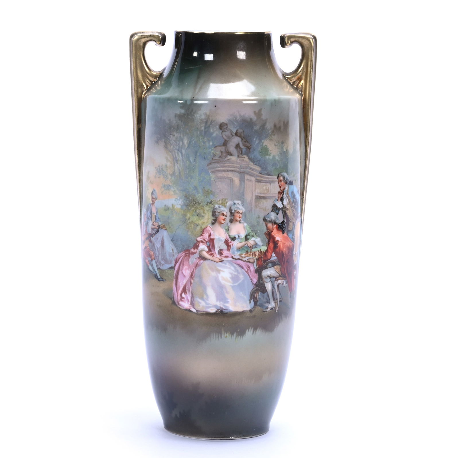 Two Handled Vase, Marked R.S. Suhl: Two Handled Vase, Marked R.S. Suhl, 8.75 x 4 x 3.25 Inches, Renaissance Chess Match Scenic Decor, 1 Pound, Grady And Annette Hite Collection.