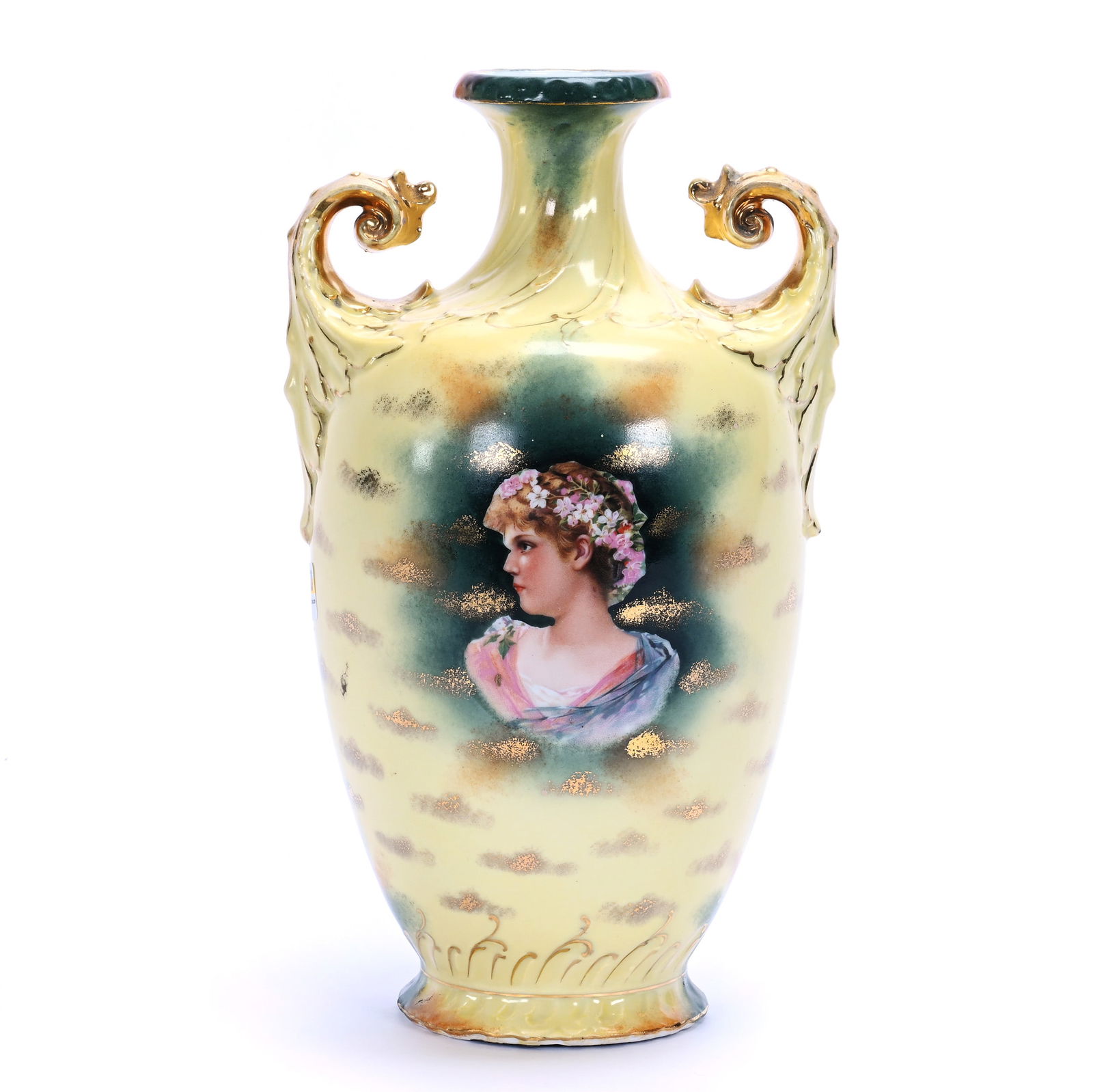Two Handled Vase, Marked E. S. Germany: Two Handled Vase, Marked E. S. Germany, 11.5 x 6.5 x 5.5 Inches, Green And Yellow Tones With Portrait Of Young Woman, Gold Stencil Highlights, 2.3 Pounds, Grady And Annette Hite Collection.