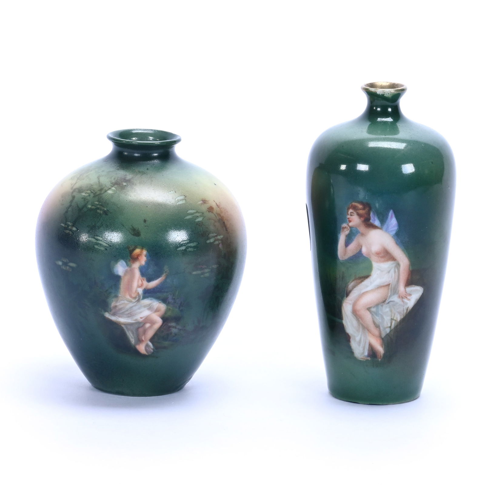 (2) Vases, Royal Bayreuth Blue Mark: (2) Vases, Royal Bayreuth Blue Mark Green Tones With Nymph Scenic Decor, (1) 4.5", (1) 3.75", 0.4 Pounds, Grady And Annette Hite Collection.