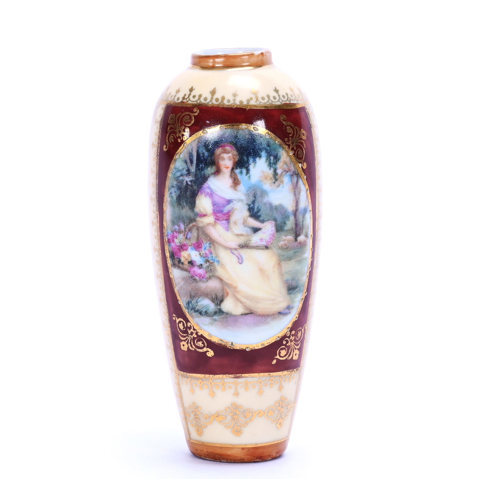 Vase, Marked R.S. Suhl: Vase, Marked R.S. Suhl, 3.5 x 1.5 x 1.5 Inches, Medallion Portrait Of Woman Seated With Fan, Brown Border, Cream Background, Gold Stencil Highlights, 0.1 Pound, Grady And Annette Hite Collection.