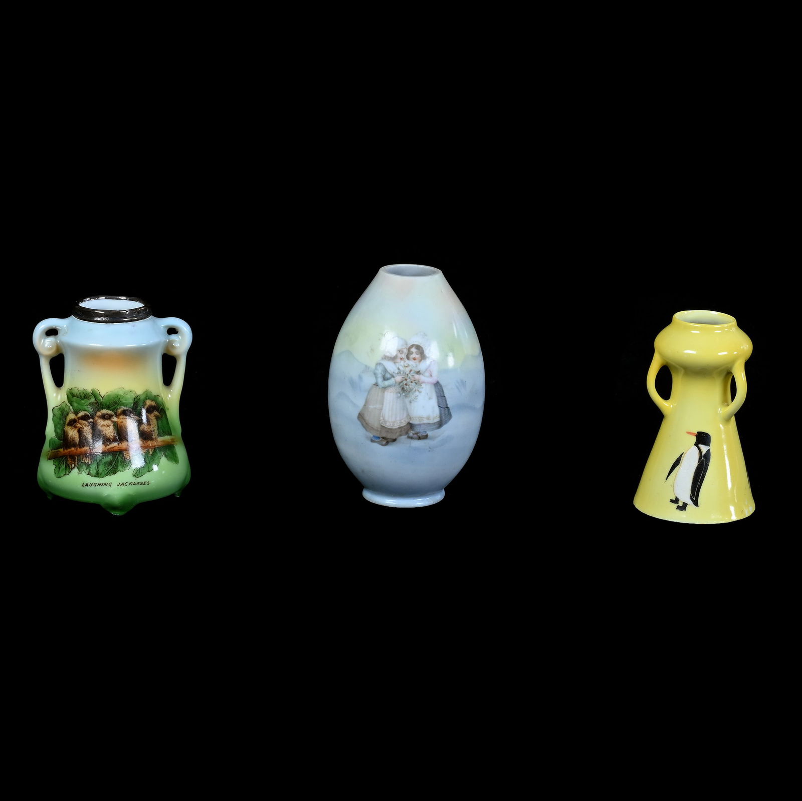 (3) Vases, Royal Bayreuth: (3) Vases, Royal Bayreuth, (1) 3.75" x 2.25" Blue Mark Dutch Girl Scenic Decor, Has Been Trimmed Down, (1) 3.25" x 2.5" Two Handled Vase, Blue Mark, Titled "Laughing Jackasses" Scene Of Birds On