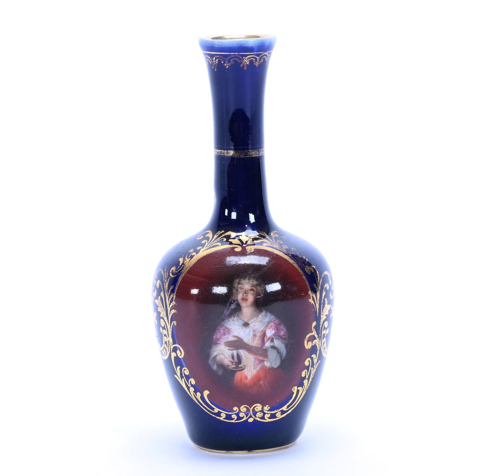 Vase, Unmarked Germany: Vase, Unmarked Germany, 5 x 2.25 x 2.25 Inches, Cobalt Blue With Candle Girl Scenic Decor, 0.2 Pounds, Grady And Annette Hite Collection.